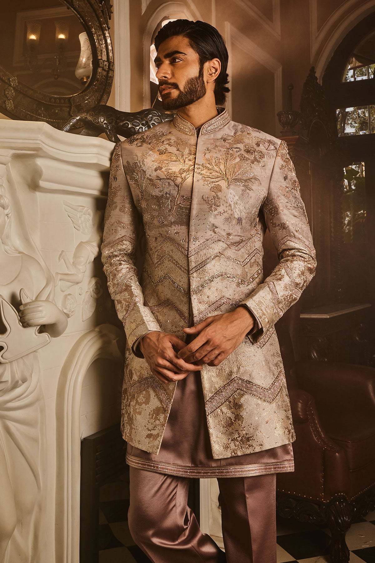 Ash Grey Embellished Raw Silk Indo-Western Set