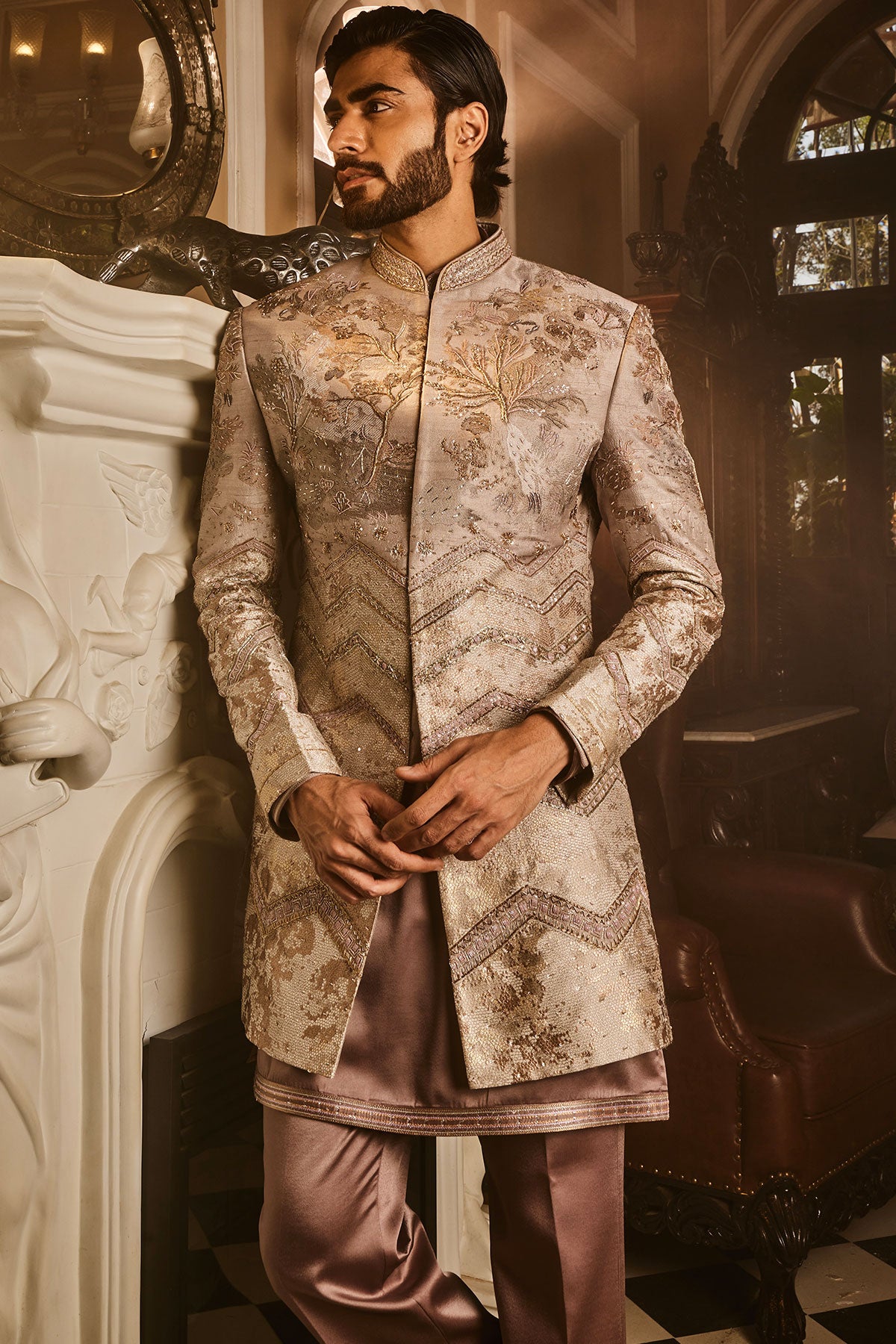 Ash Grey Embellished Raw Silk Indo-Western Set