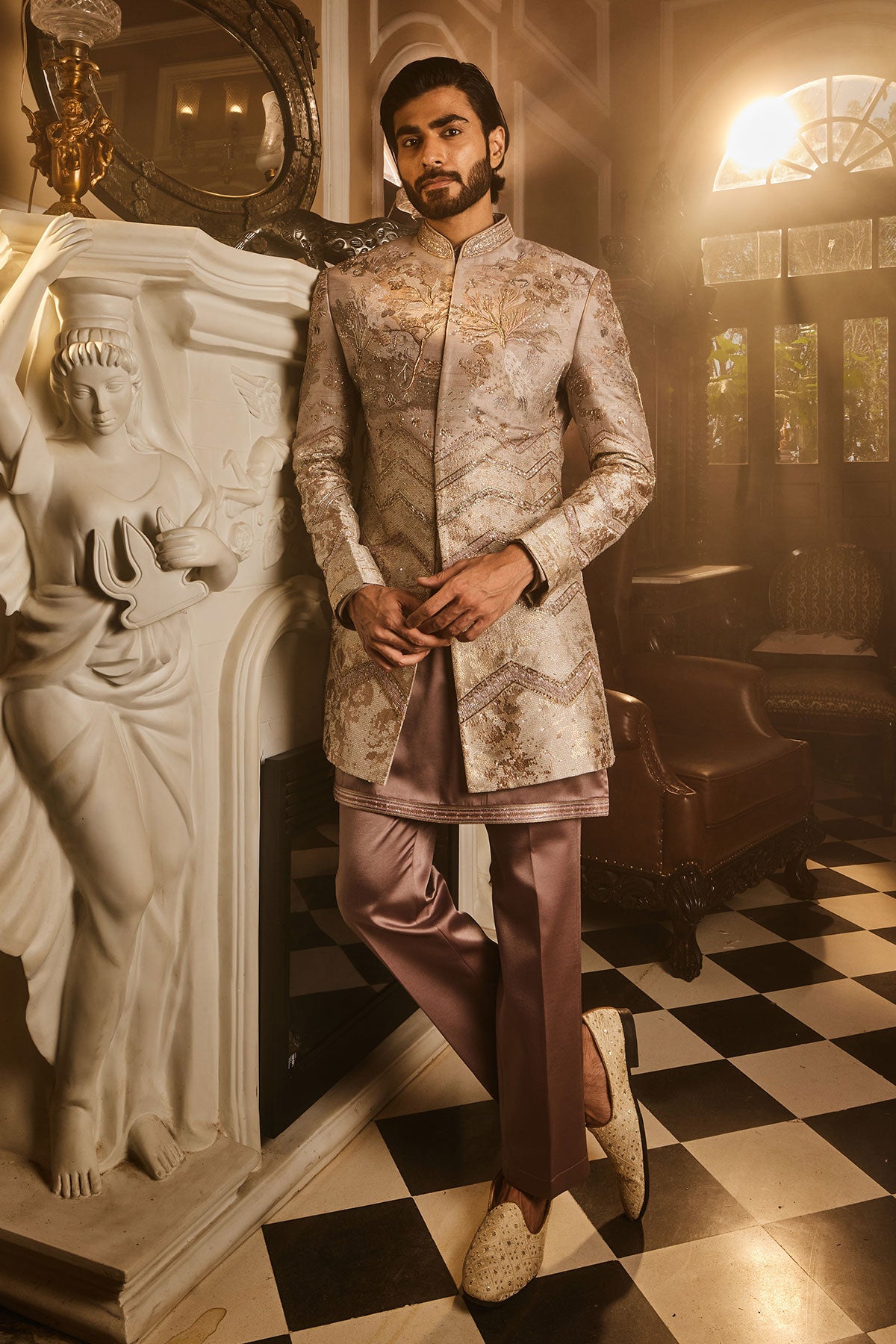 Ash Grey Embellished Raw Silk Indo-Western Set