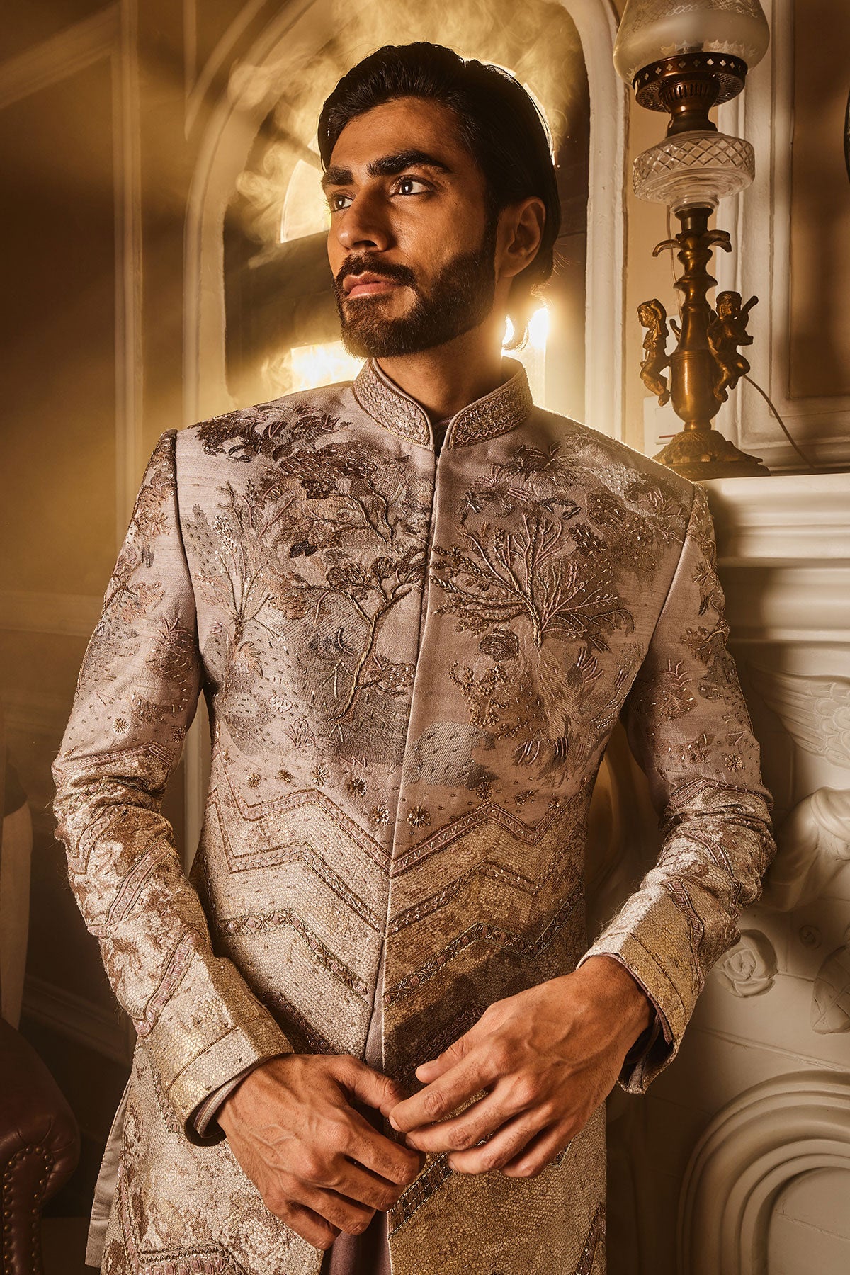 Ash Grey Embellished Raw Silk Indo-Western Set