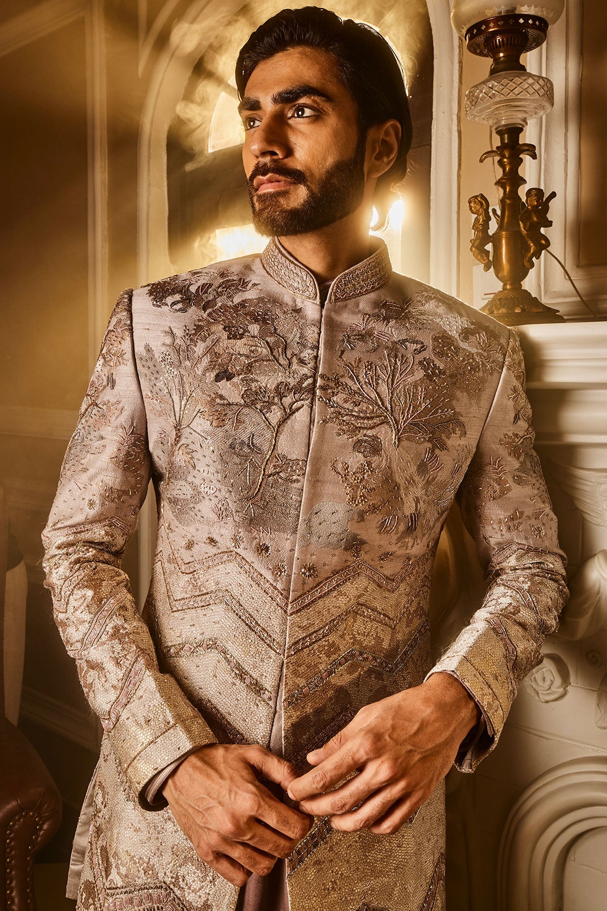 Ash Grey Embellished Raw Silk Indo-Western Set