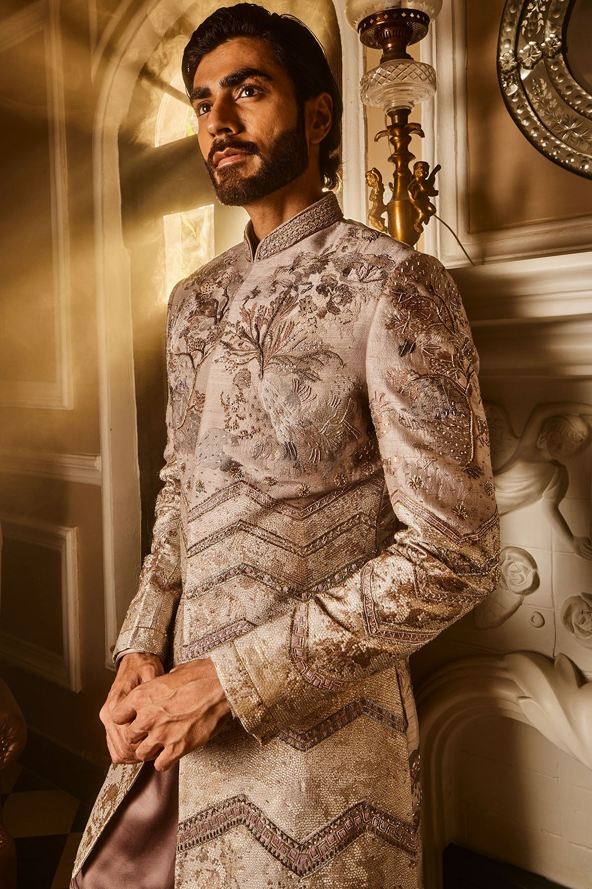 Ash Grey Embellished Raw Silk Indo-Western Set