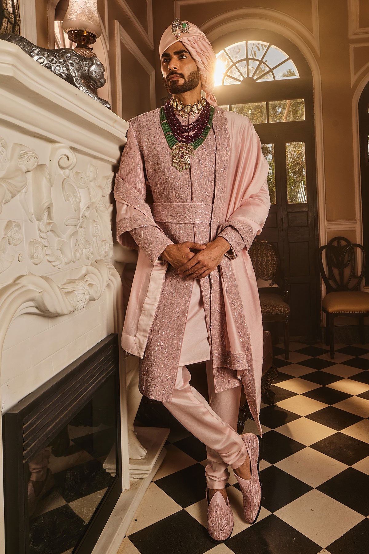 Crepe Pink Raw Silk Embroidered Sherwani