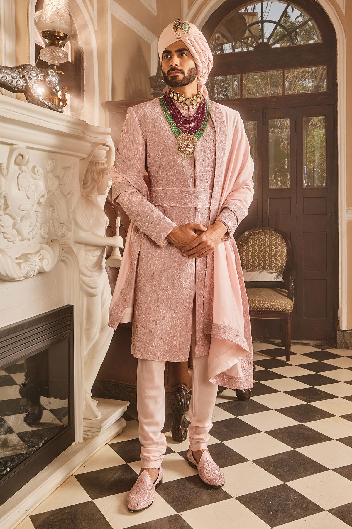 Crepe Pink Raw Silk Embroidered Sherwani