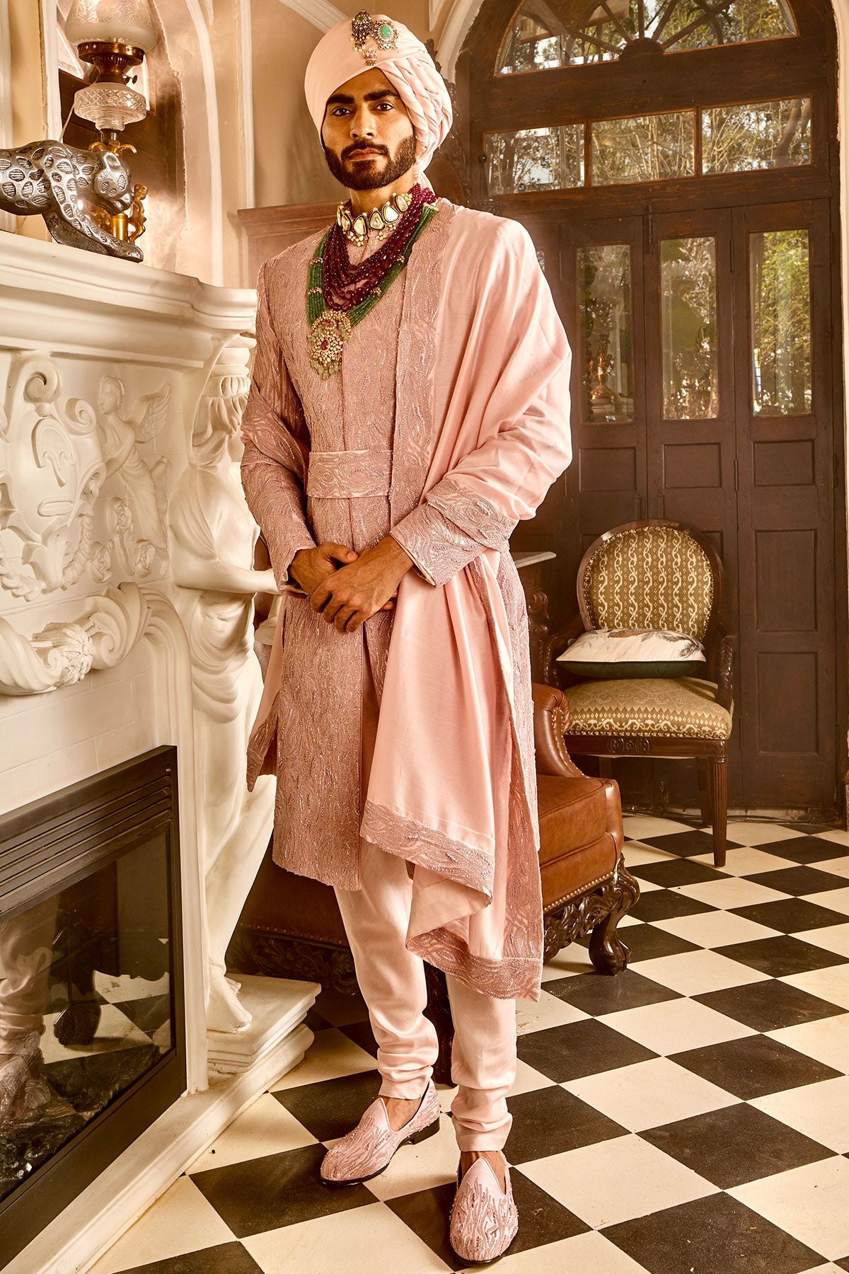 Crepe Pink Raw Silk Embroidered Sherwani