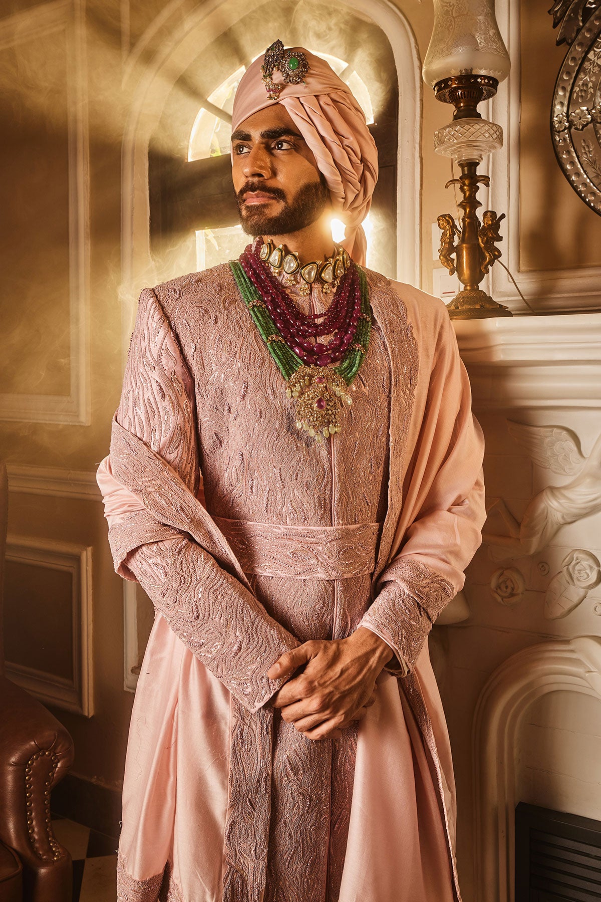Crepe Pink Raw Silk Embroidered Sherwani