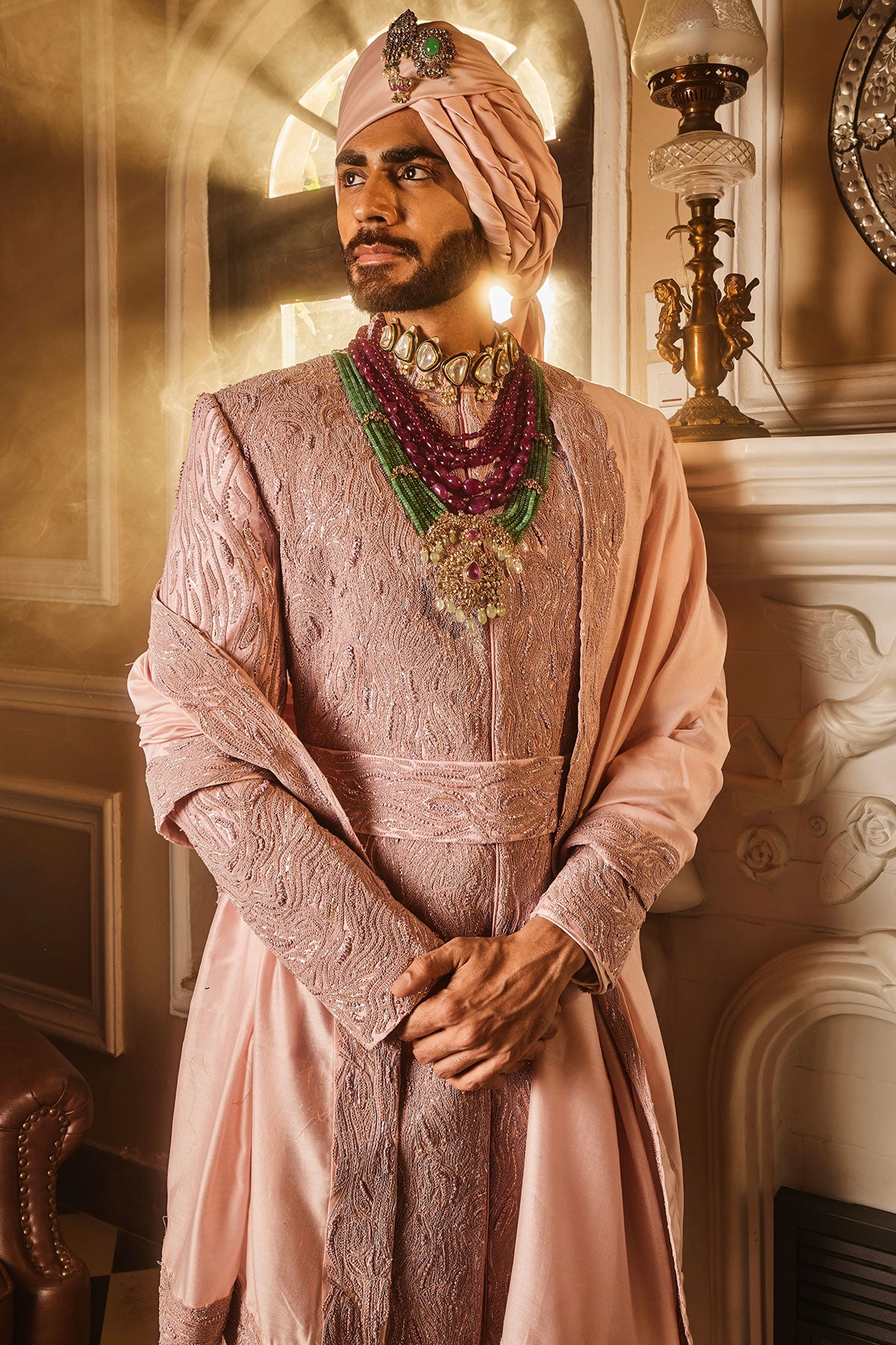 Crepe Pink Raw Silk Embroidered Sherwani