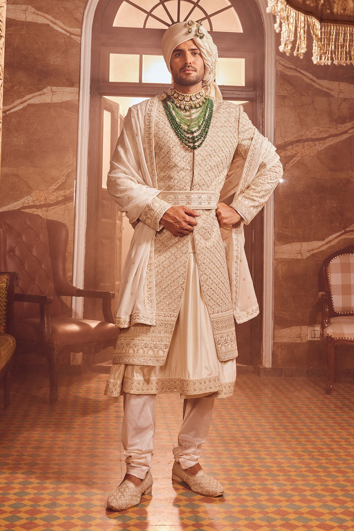 Ivory Raw Silk Zardozi Embroidered Sherwani
