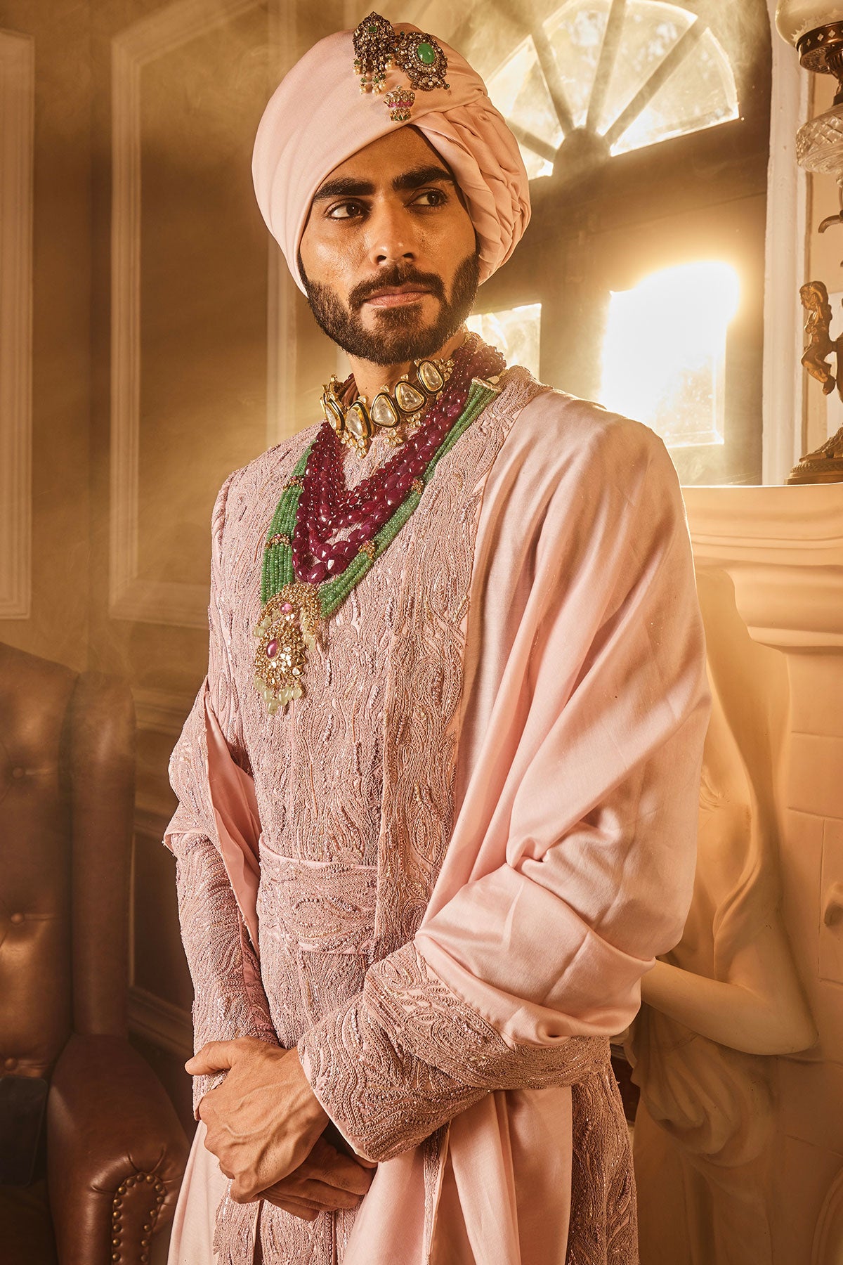 Crepe Pink Raw Silk Embroidered Sherwani
