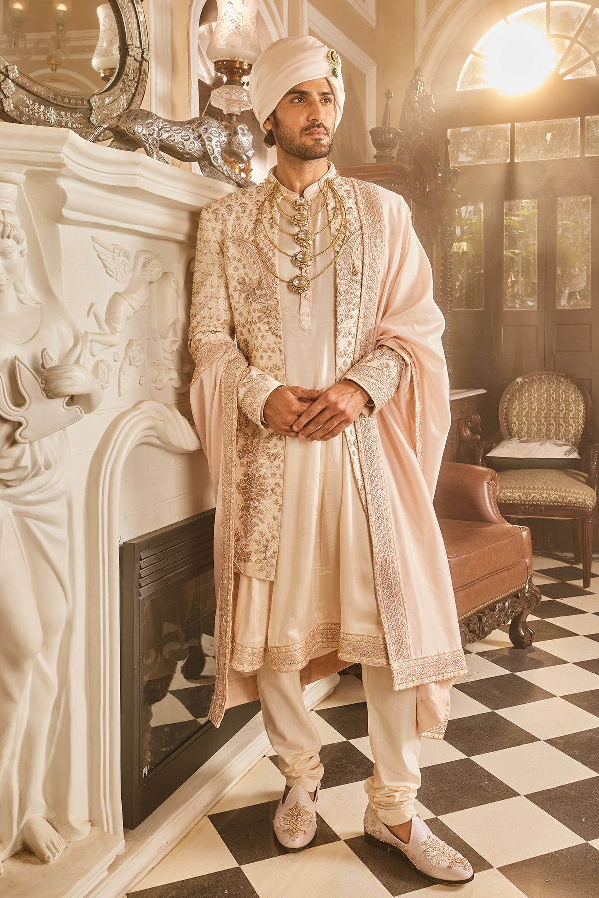 Ivory Raw Silk Open Embroidered Sherwani