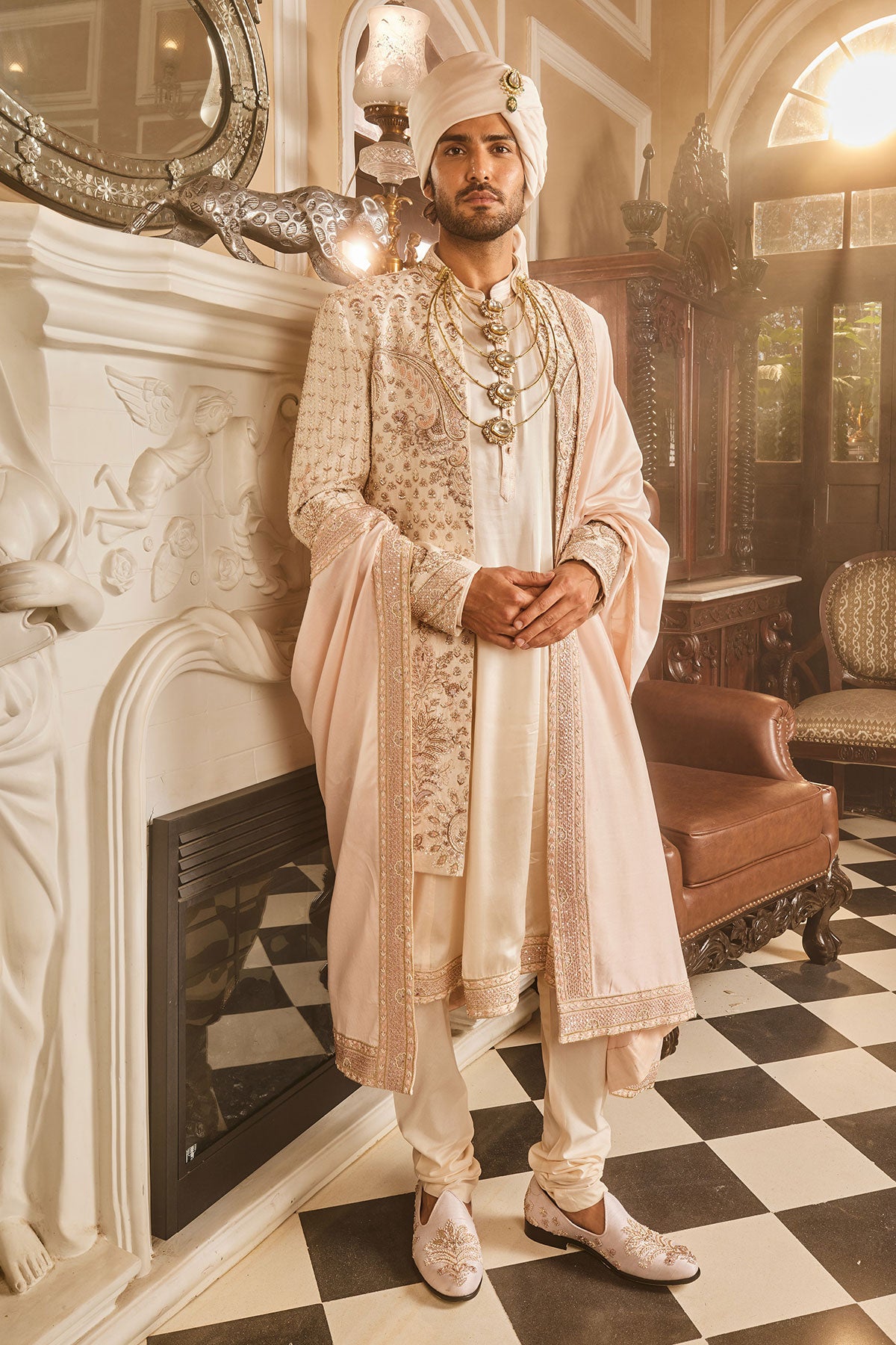 Ivory Raw Silk Open Embroidered Sherwani