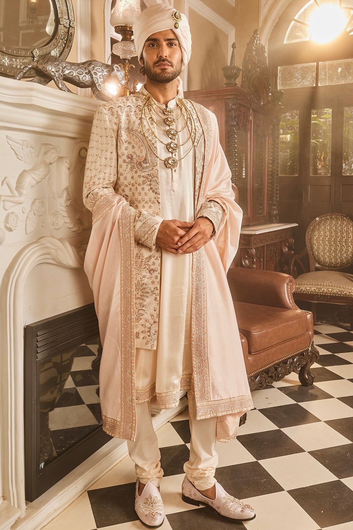 Ivory Raw Silk Open Embroidered Sherwani
