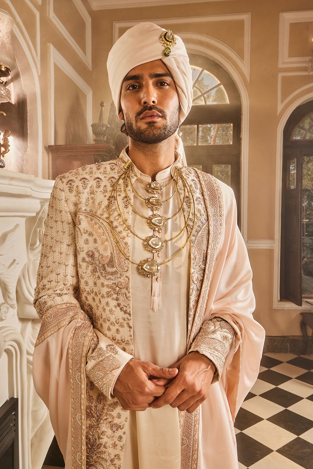 Ivory Raw Silk Open Embroidered Sherwani