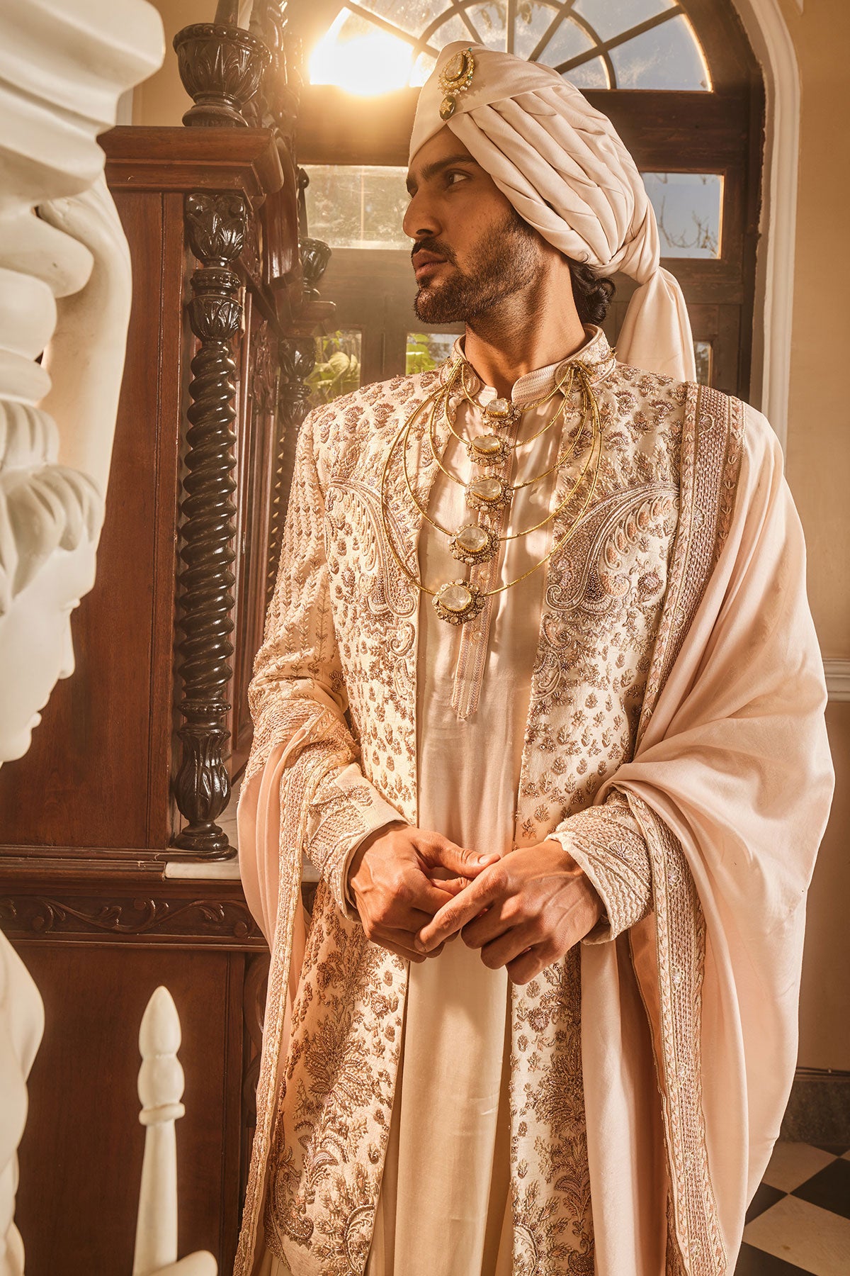 Ivory Raw Silk Open Embroidered Sherwani