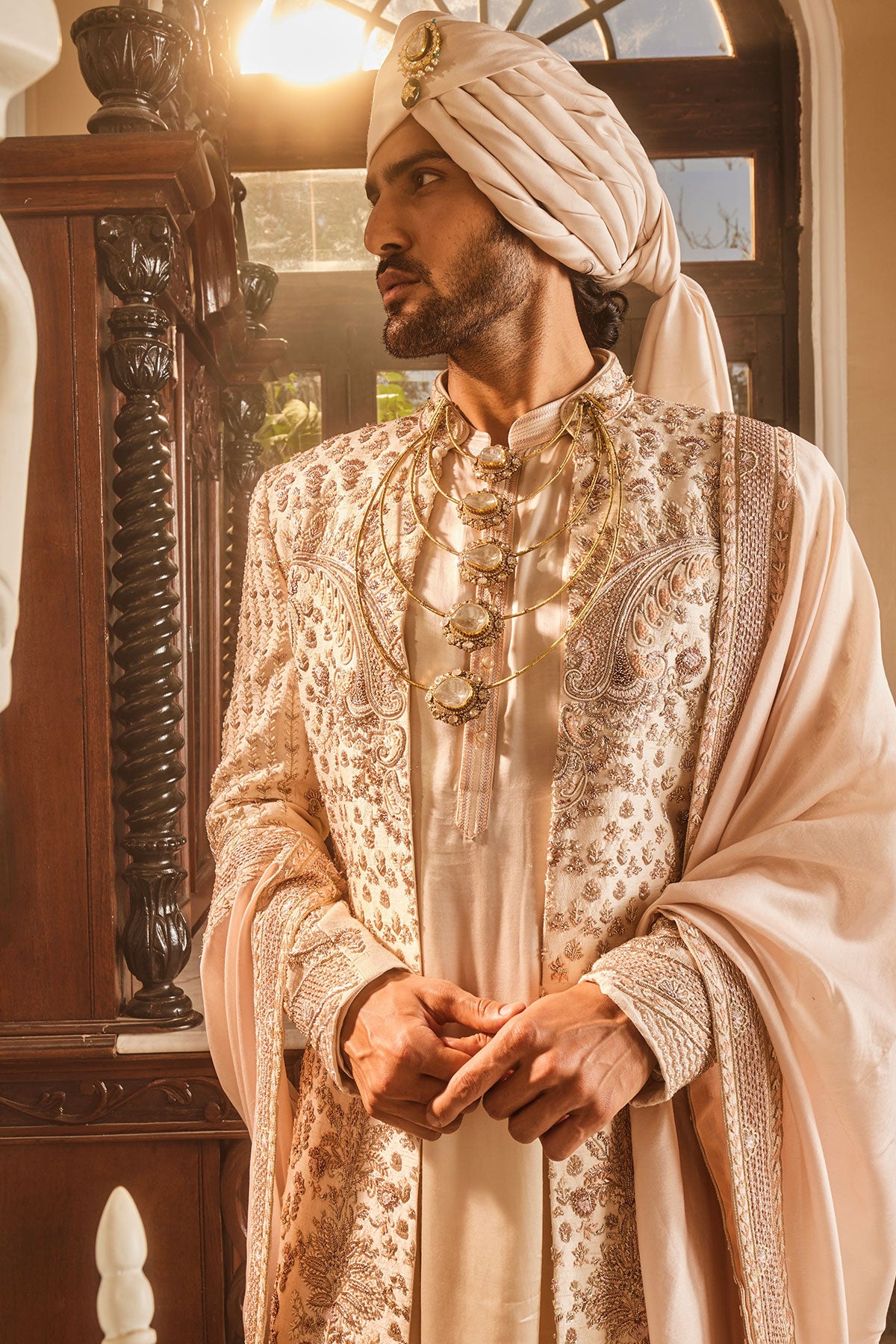 Ivory Raw Silk Open Embroidered Sherwani