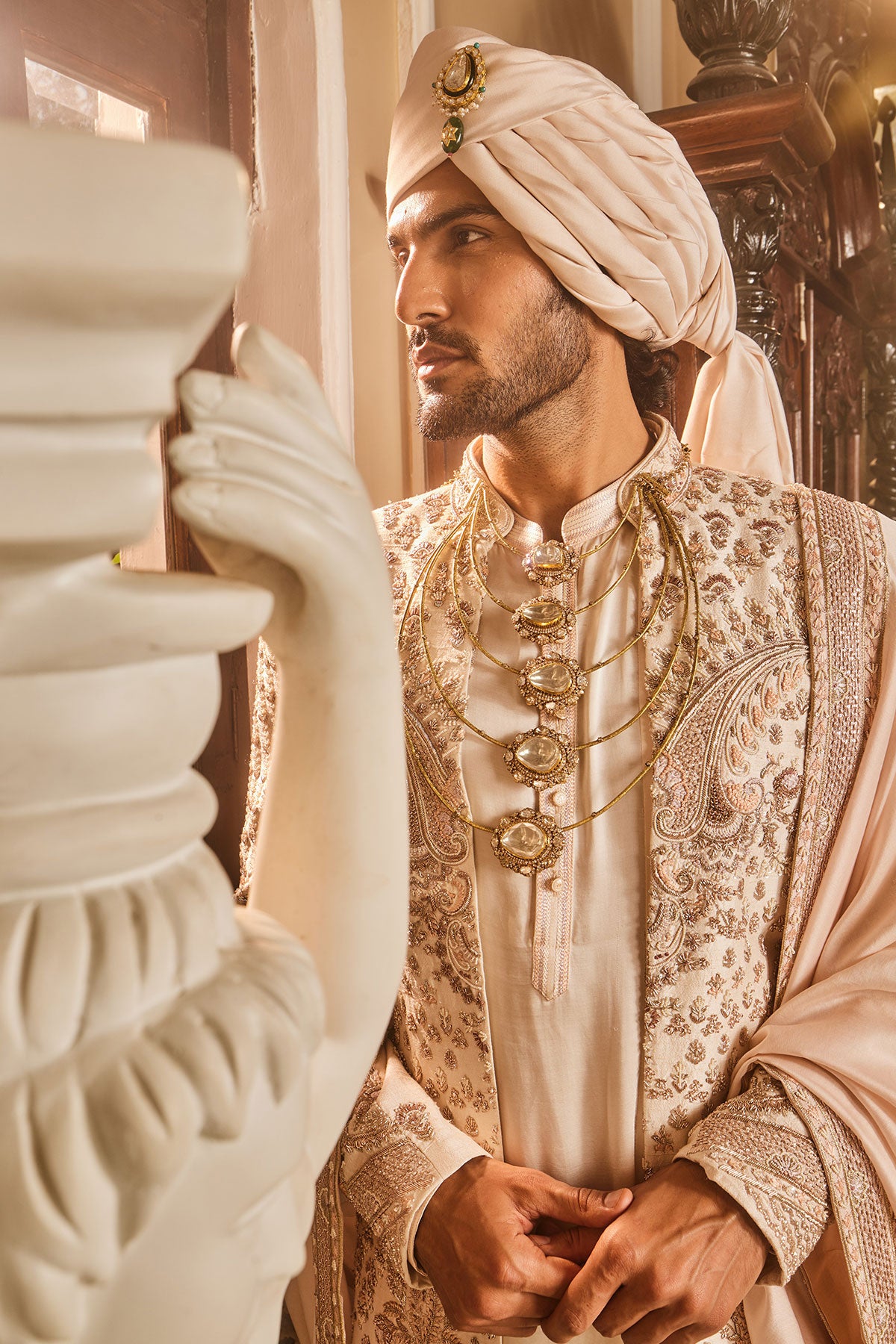 Ivory Raw Silk Open Embroidered Sherwani