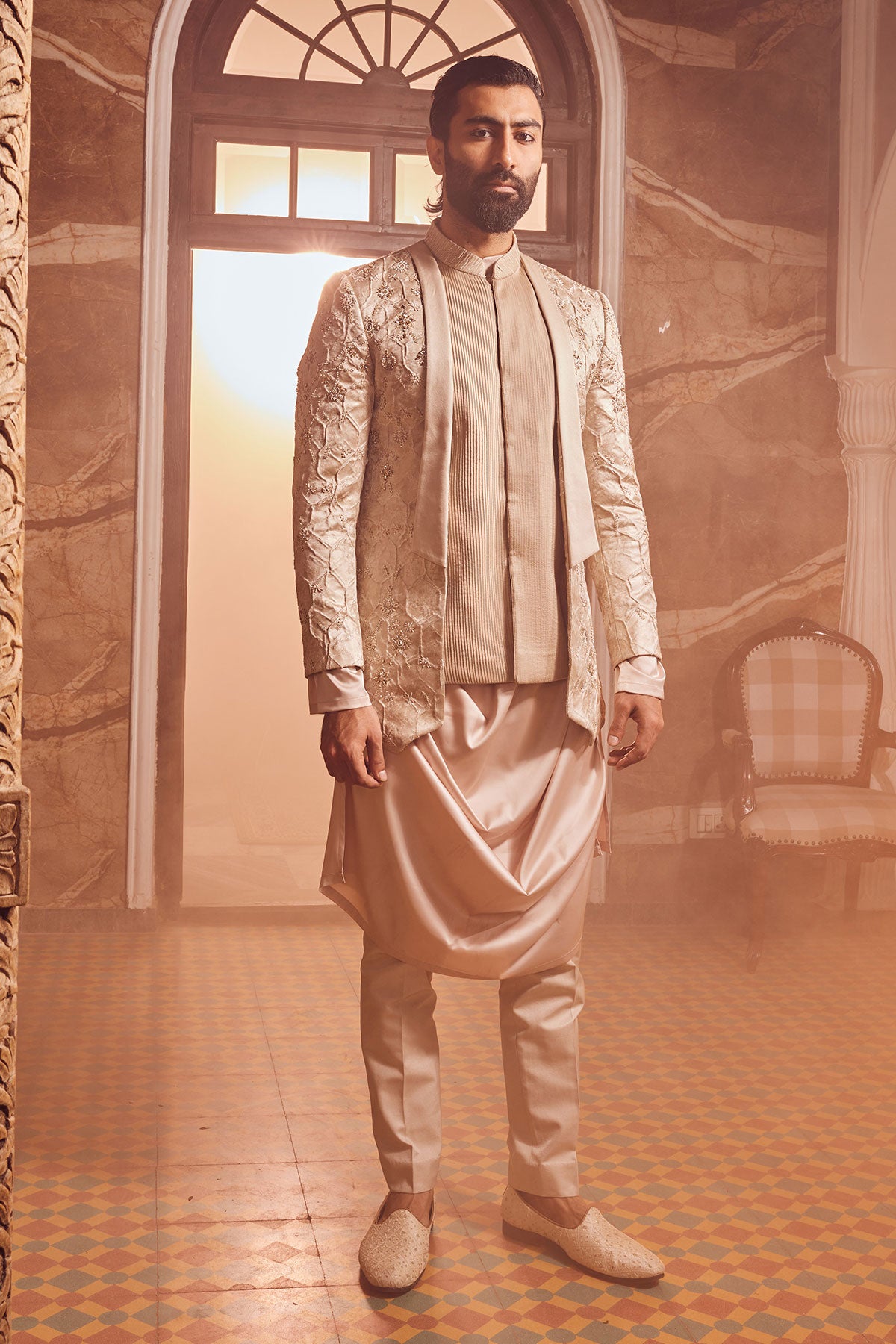 Champagne Embossed Silk Brocade Open Indo-Western