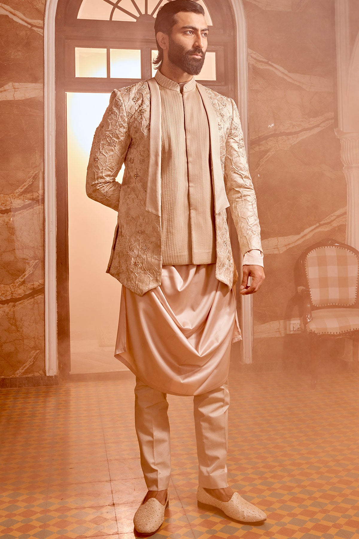 Champagne Embossed Silk Brocade Open Indo-Western