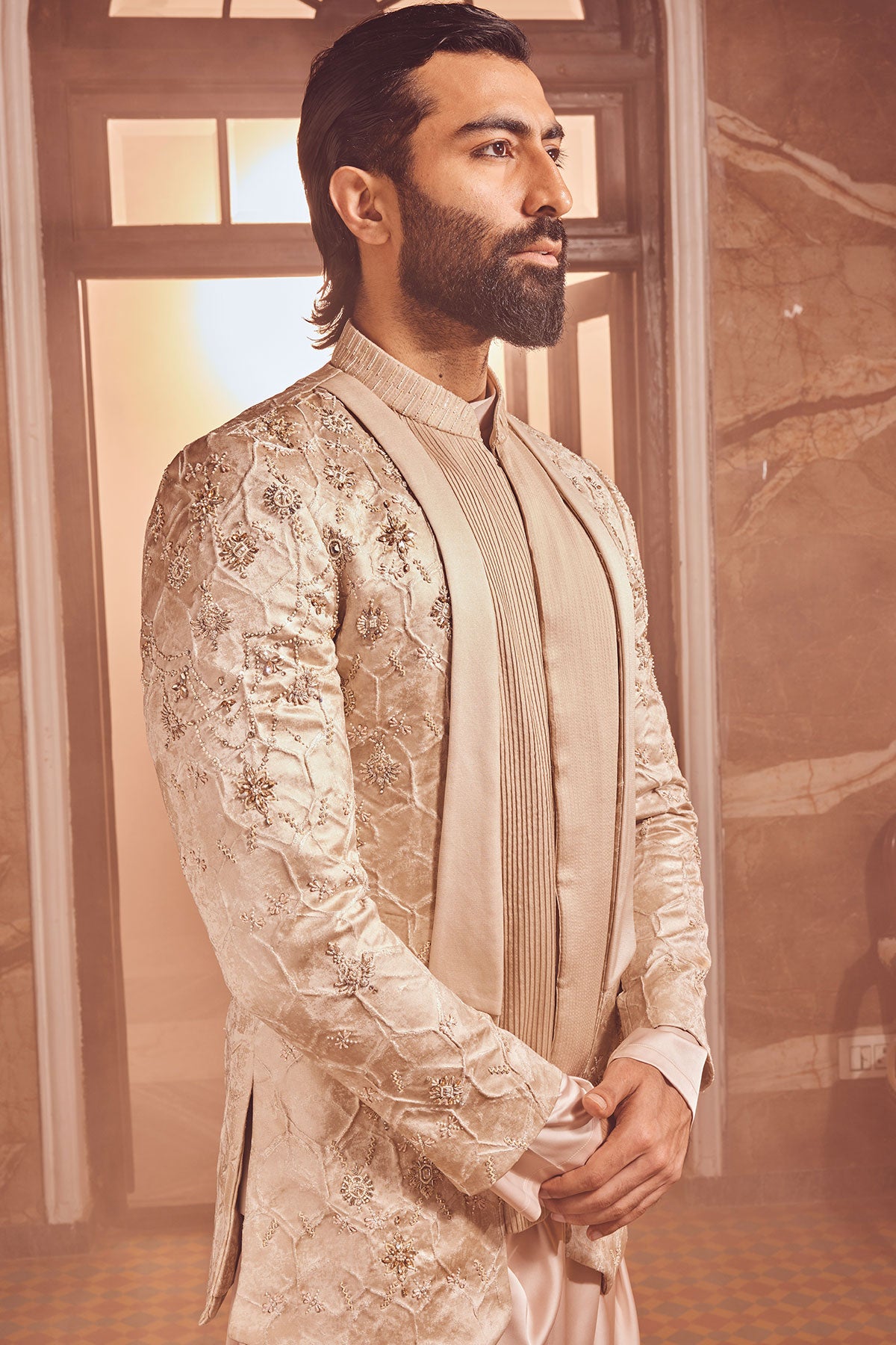 Champagne Embossed Silk Brocade Open Indo-Western