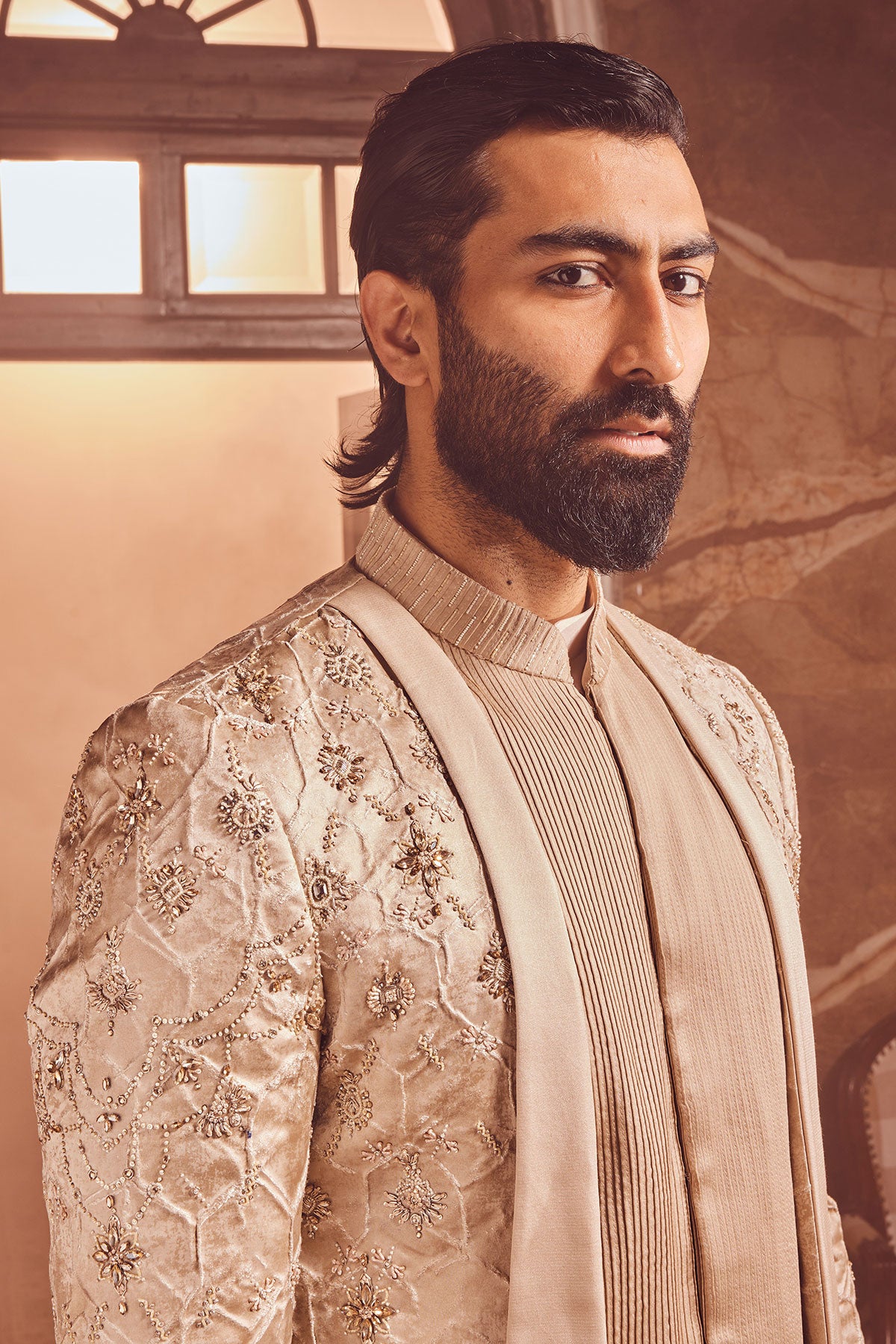 Champagne Embossed Silk Brocade Open Indo-Western