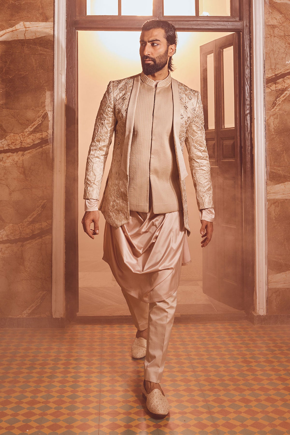 Champagne Embossed Silk Brocade Open Indo-Western