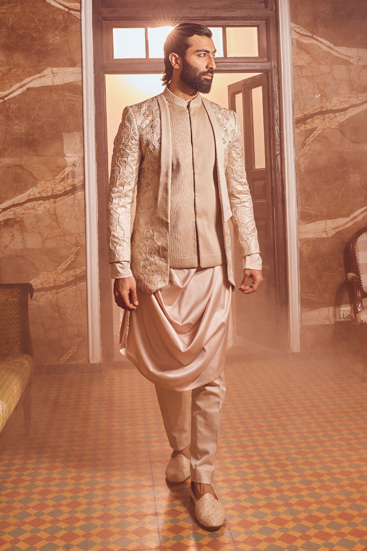 Champagne Embossed Silk Brocade Open Indo-Western