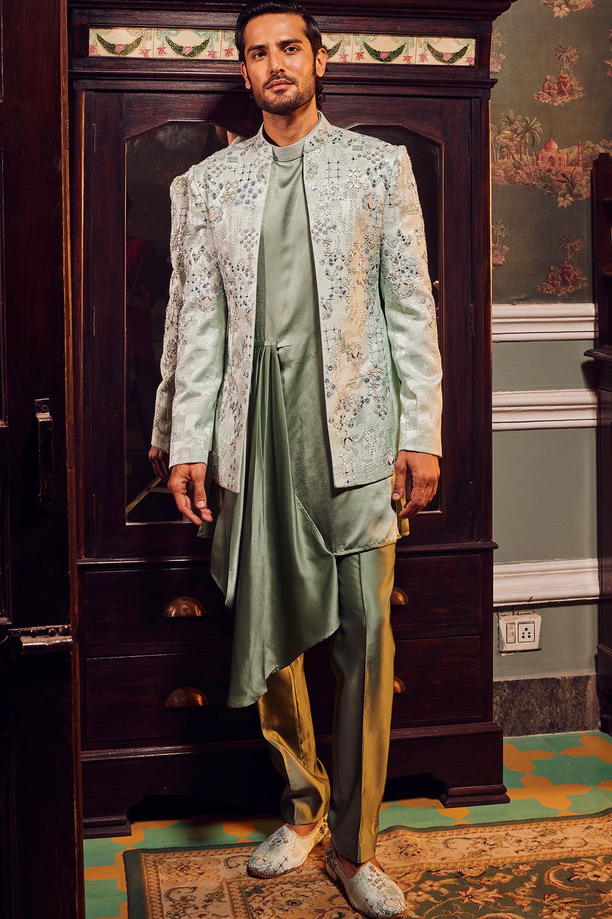 Sage Open Jaquard Embroidered Bandhgala Set