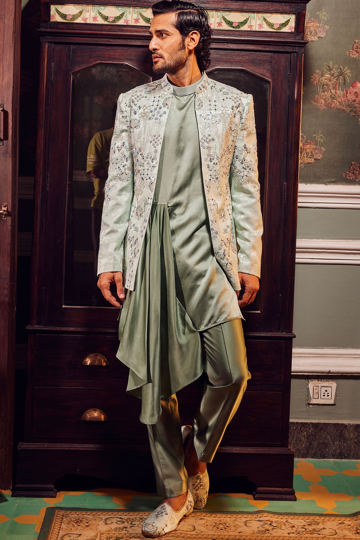 Sage Open Jaquard Embroidered Bandhgala Set