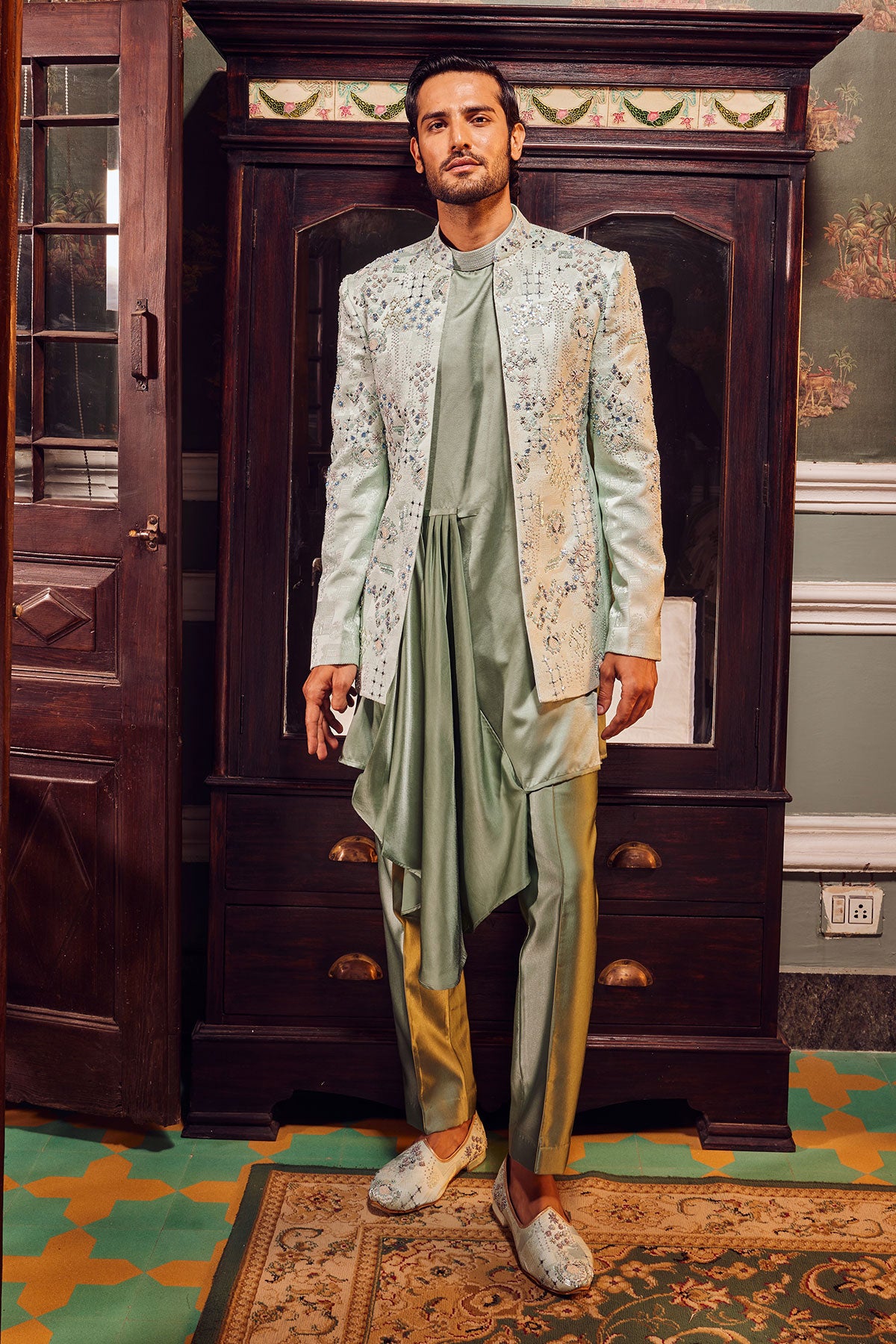 Sage Open Jaquard Embroidered Bandhgala Set