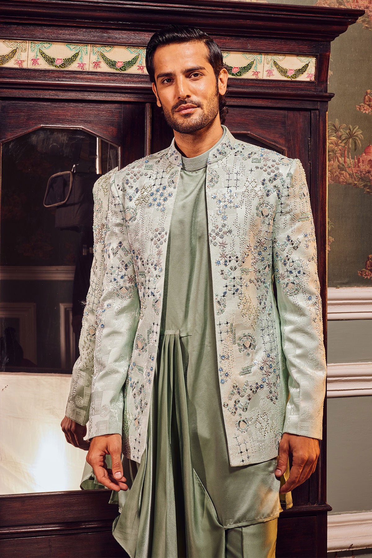Sage Open Jaquard Embroidered Bandhgala Set