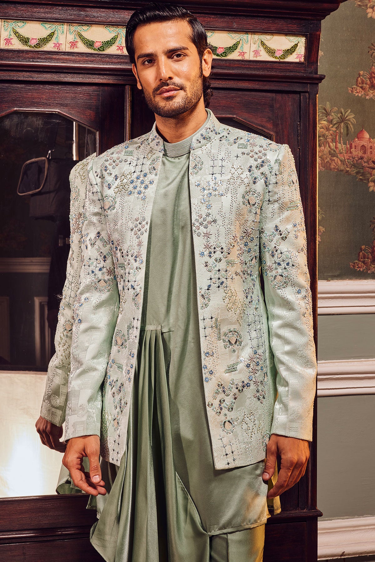 Sage Open Jaquard Embroidered Bandhgala Set