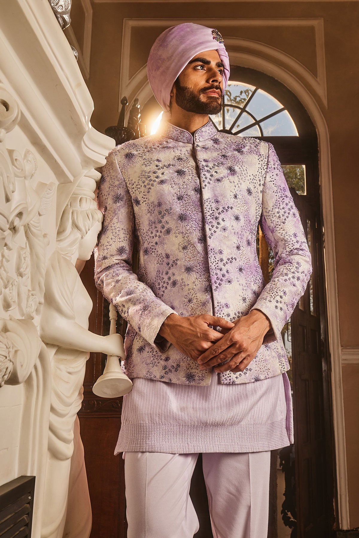 Lilac Chanderi Silk Tie-Dye Embroidered Bandhgala Set