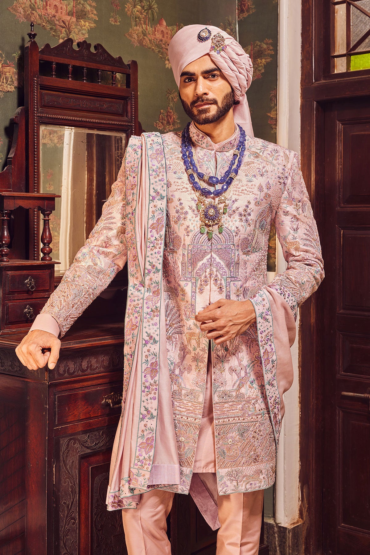Raw Silk Pink Panel Embroidered Sherwani