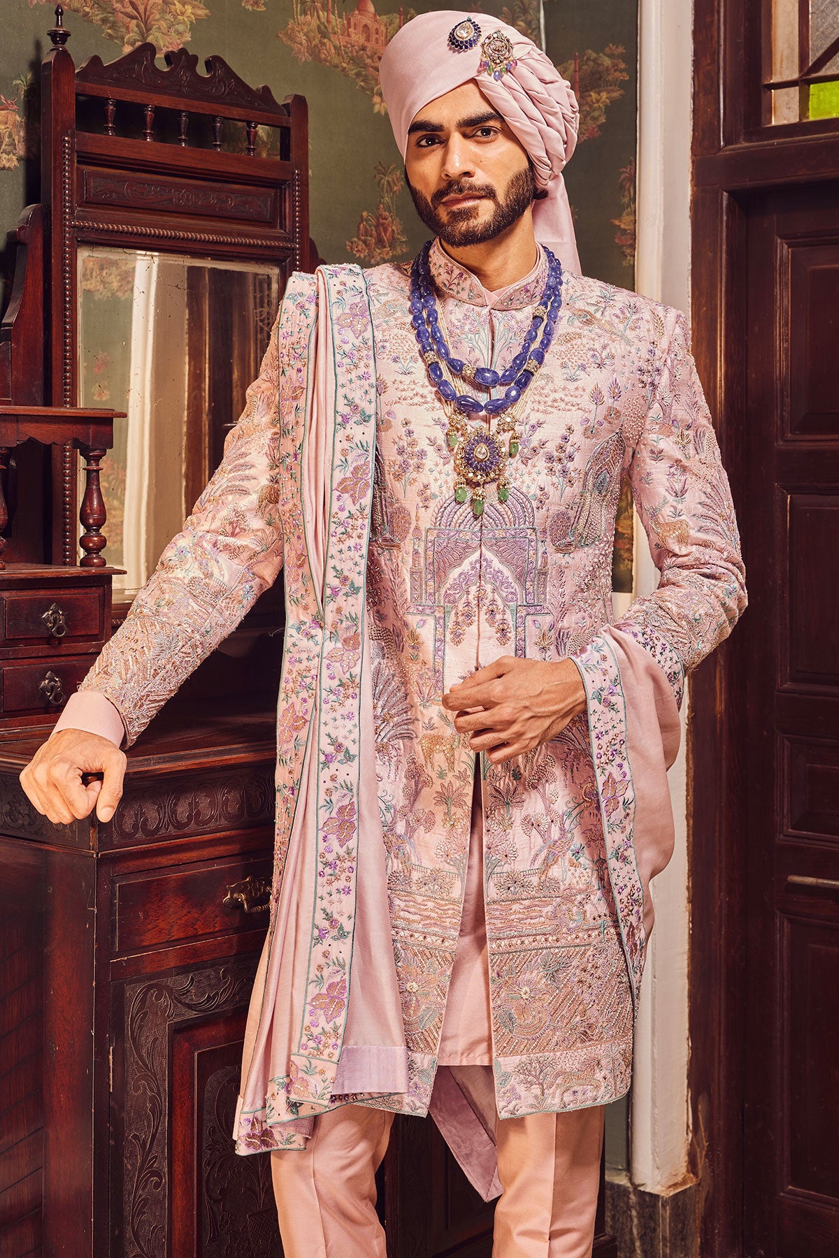Raw Silk Pink Panel Embroidered Sherwani