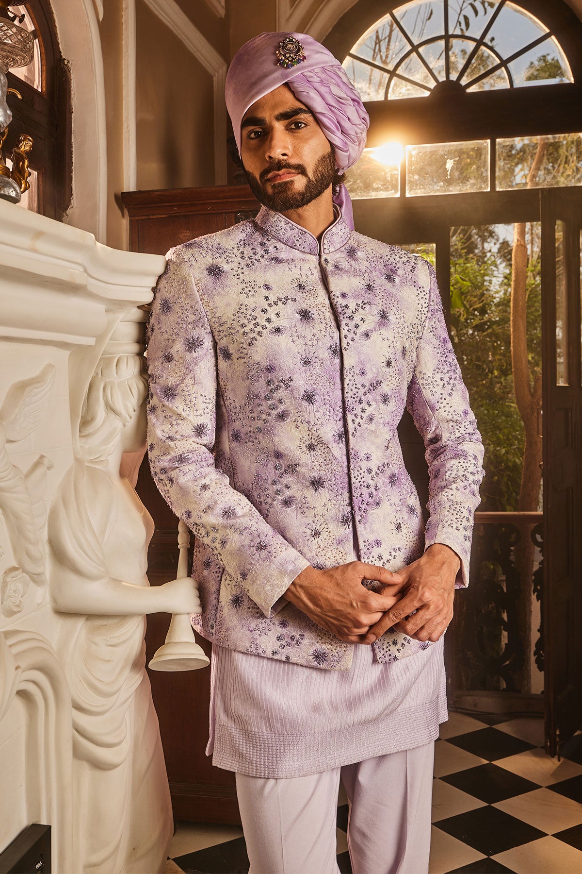 Lilac Chanderi Silk Tie-Dye Embroidered Bandhgala Set