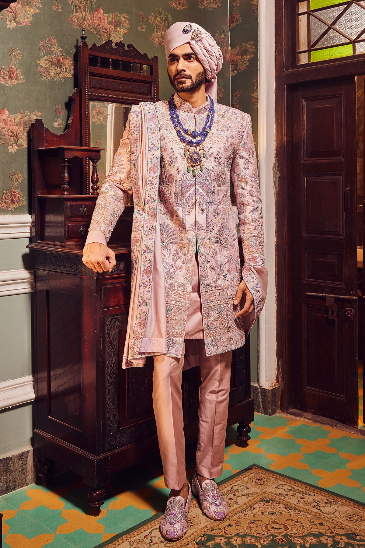 Raw Silk Pink Panel Embroidered Sherwani