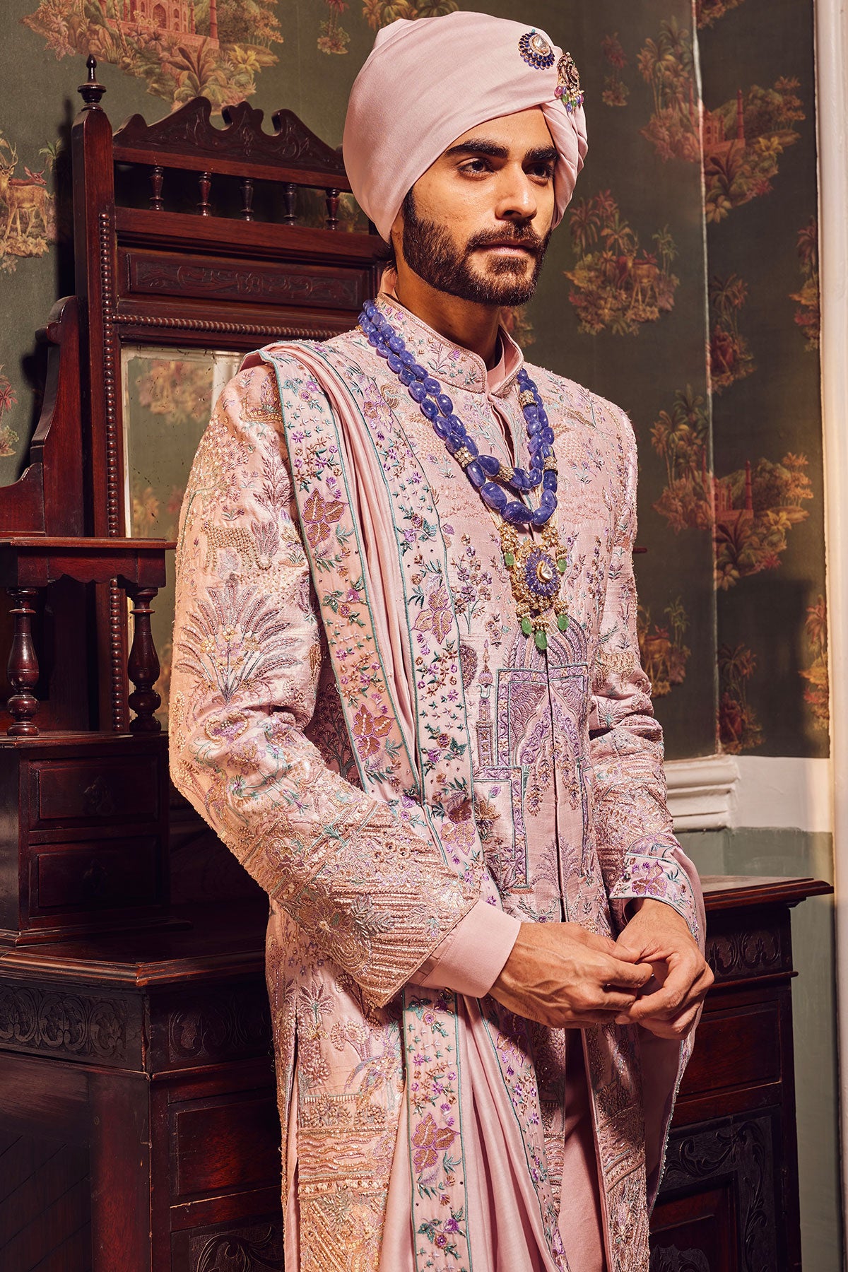Raw Silk Pink Panel Embroidered Sherwani