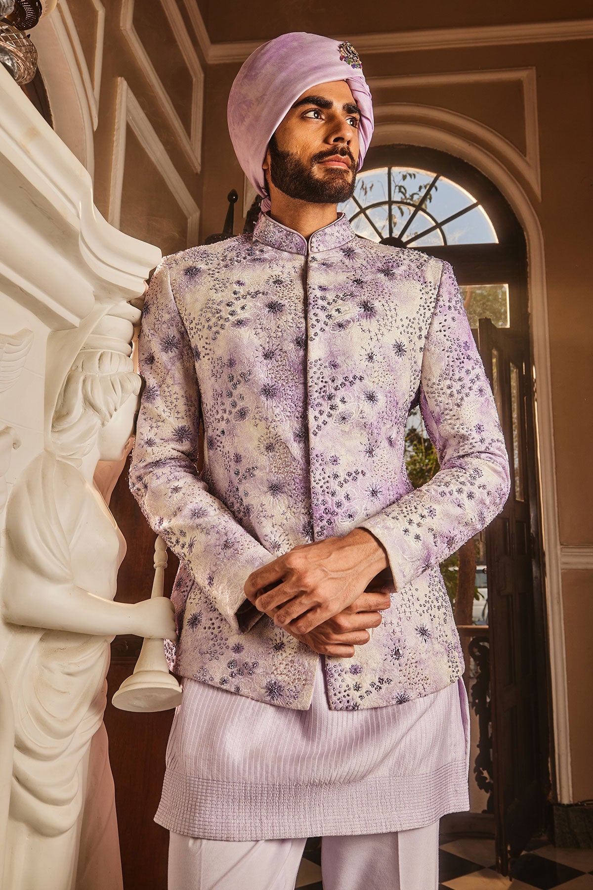 Lilac Chanderi Silk Tie-Dye Embroidered Bandhgala Set