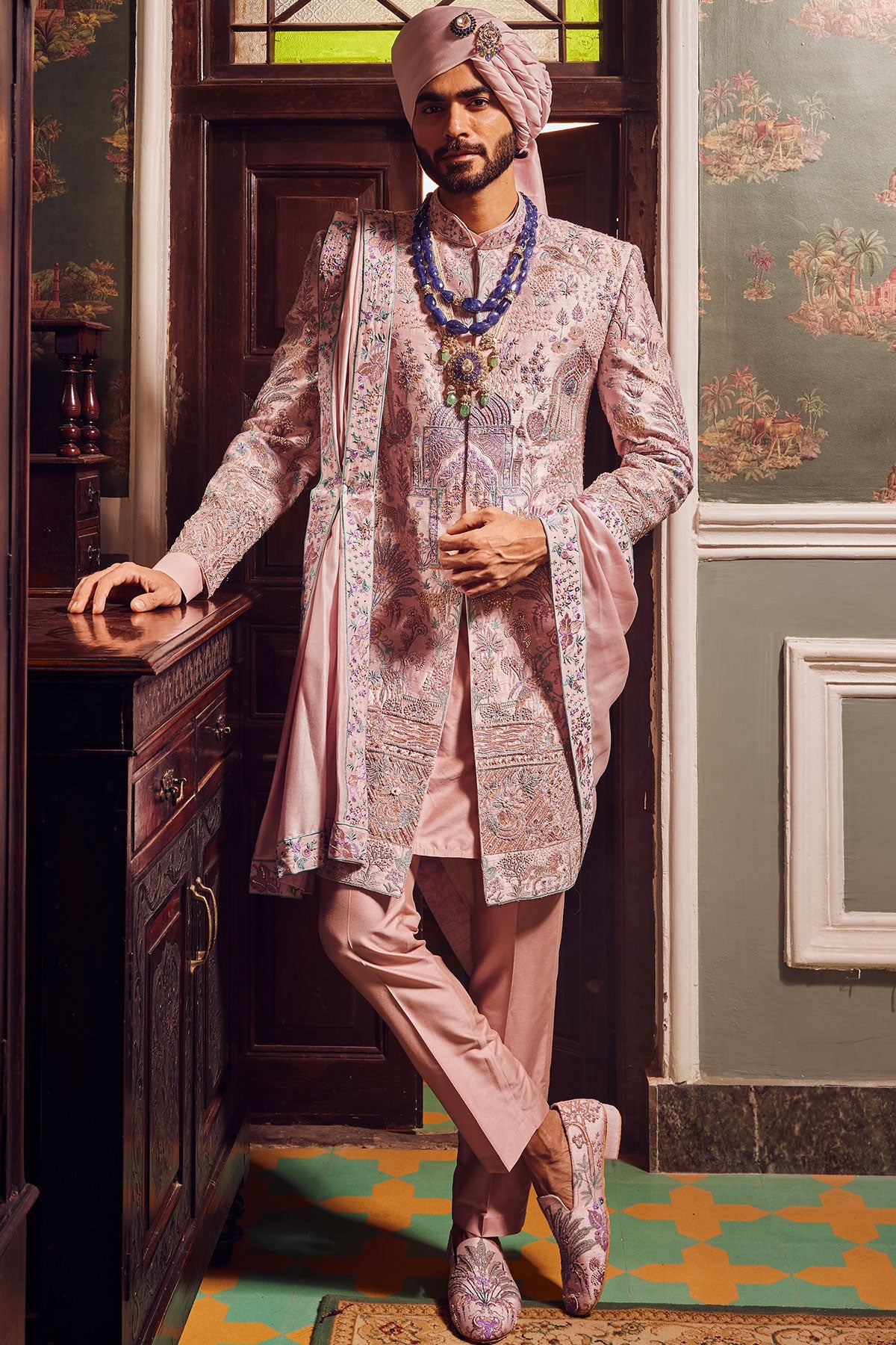 Raw Silk Pink Panel Embroidered Sherwani