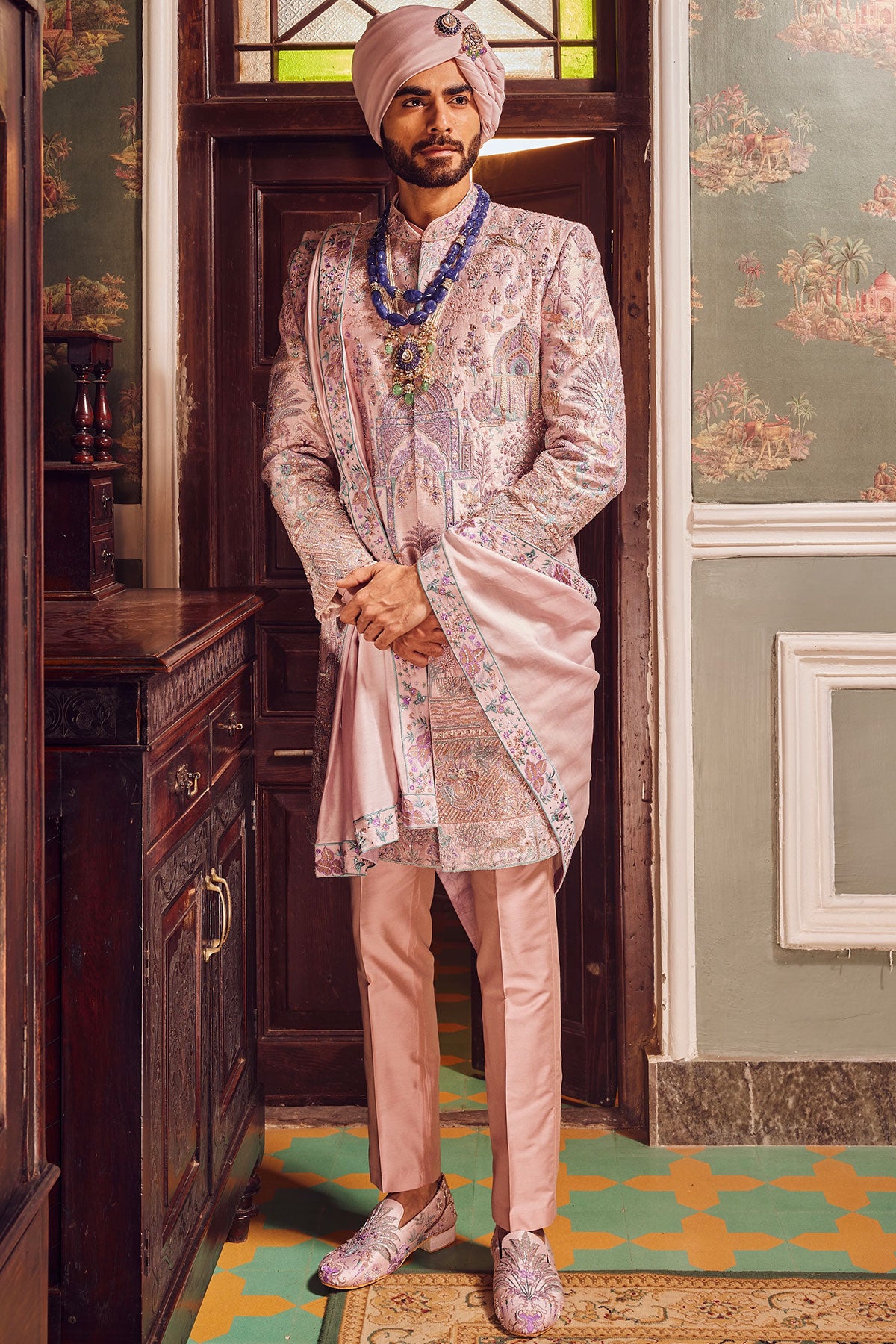 Raw Silk Pink Panel Embroidered Sherwani