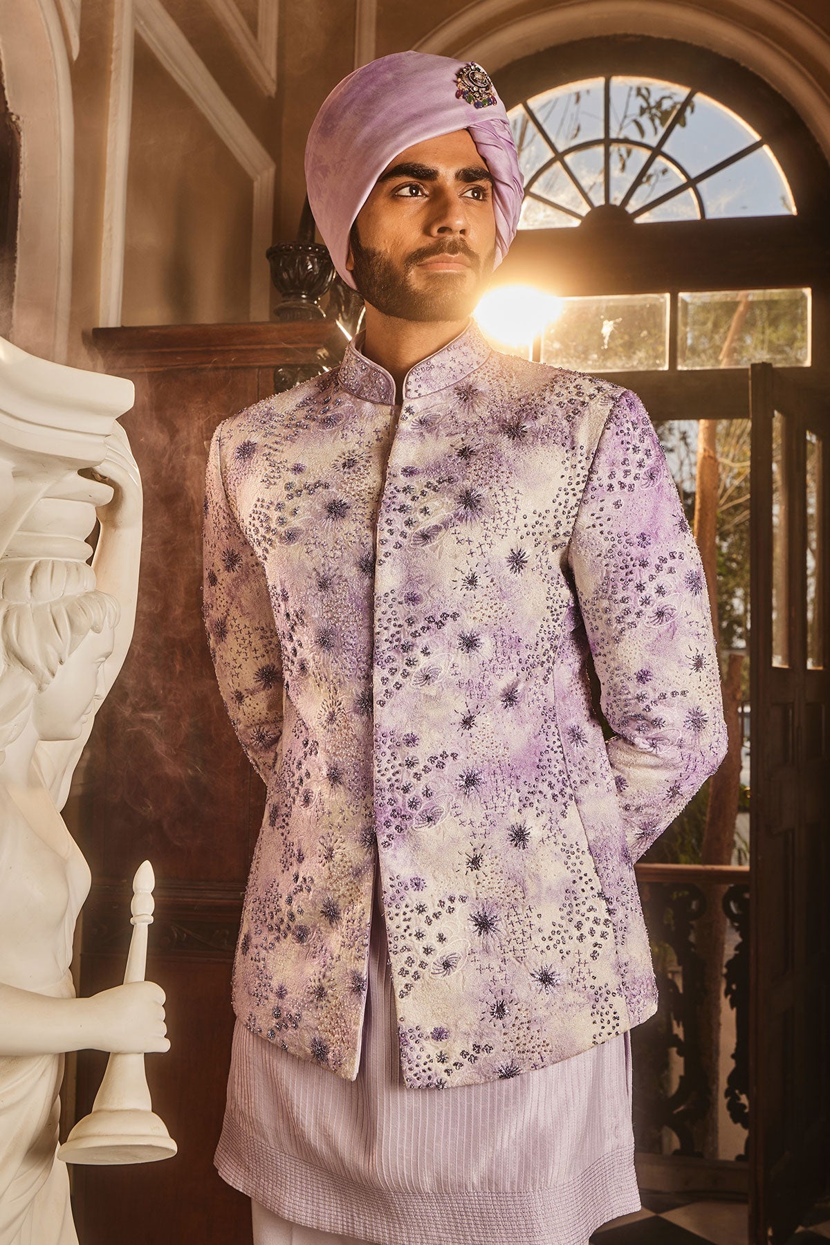 Lilac Chanderi Silk Tie-Dye Embroidered Bandhgala Set