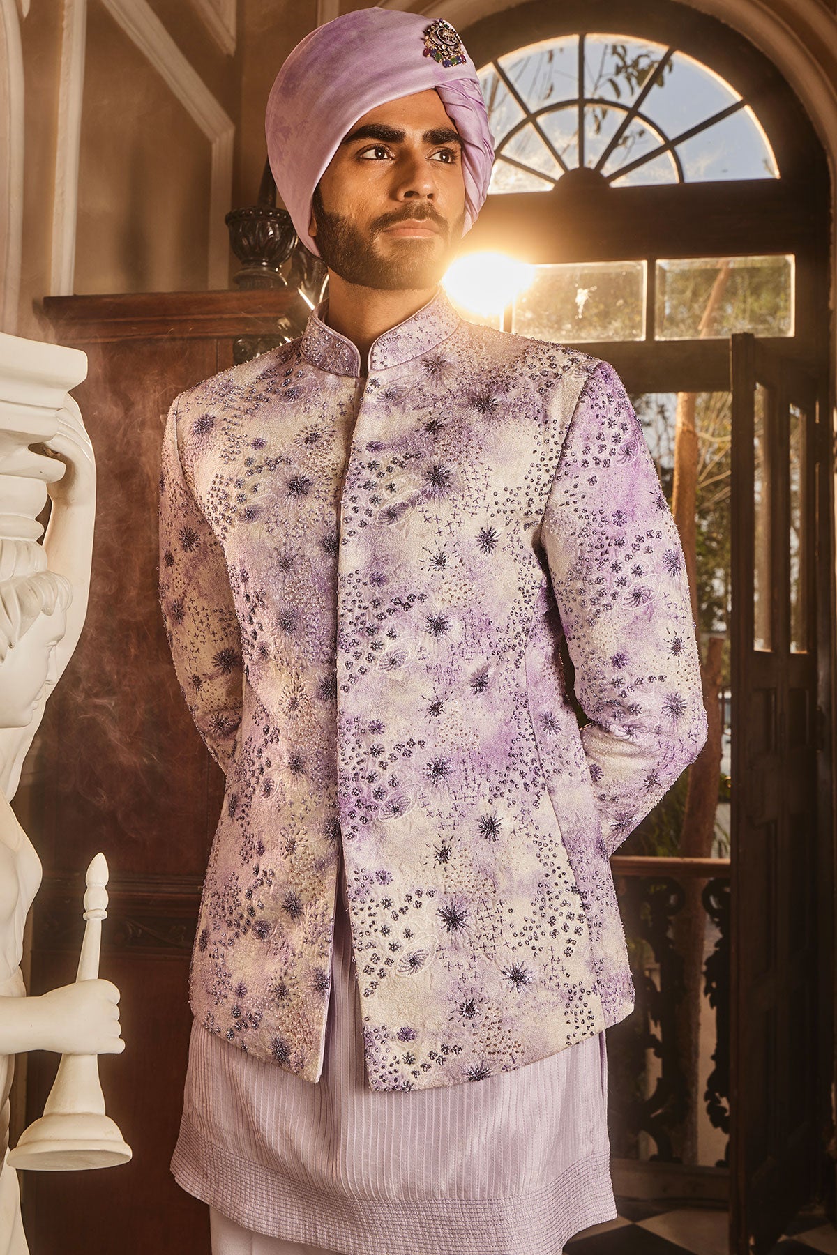 Lilac Chanderi Silk Tie-Dye Embroidered Bandhgala Set