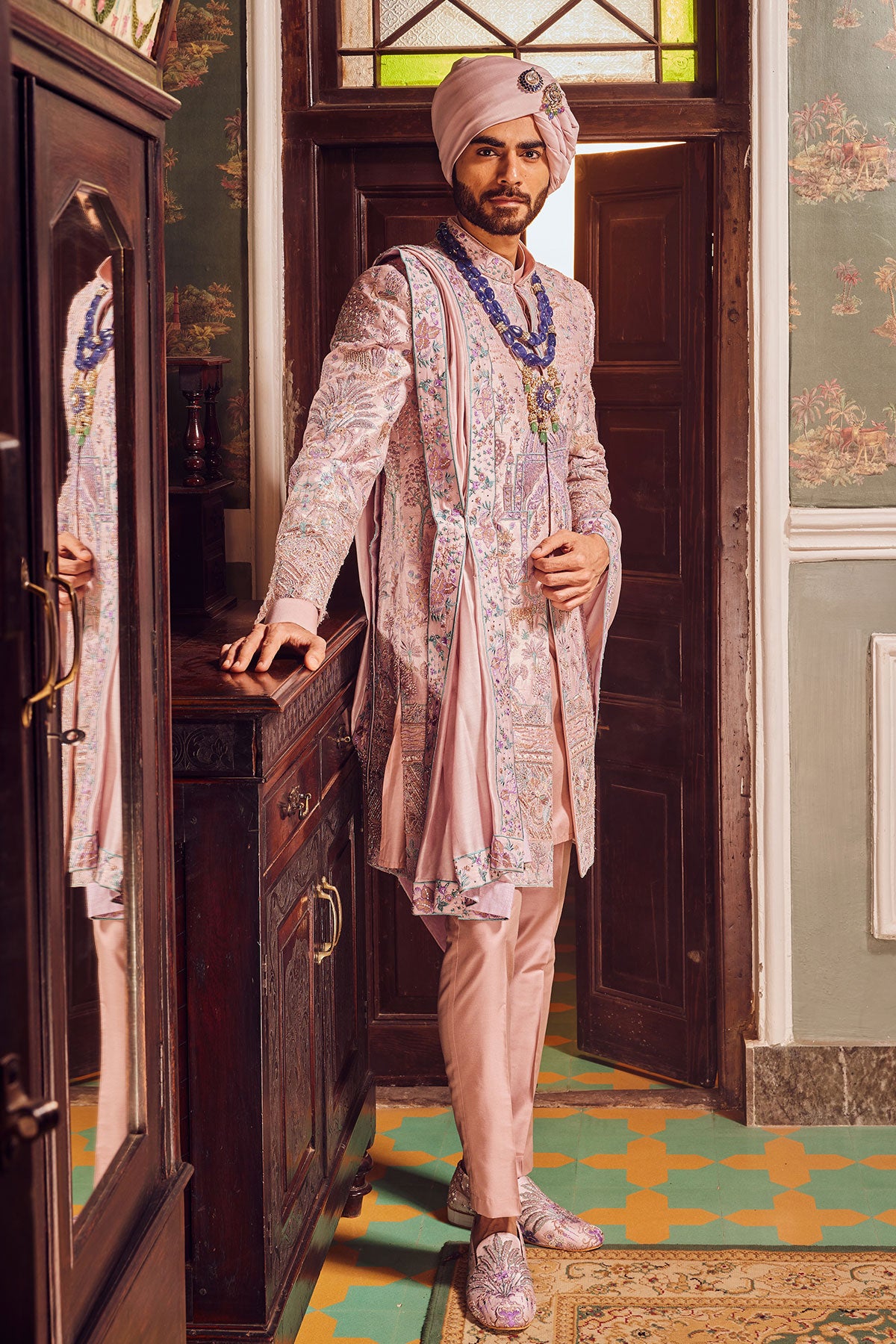 Raw Silk Pink Panel Embroidered Sherwani