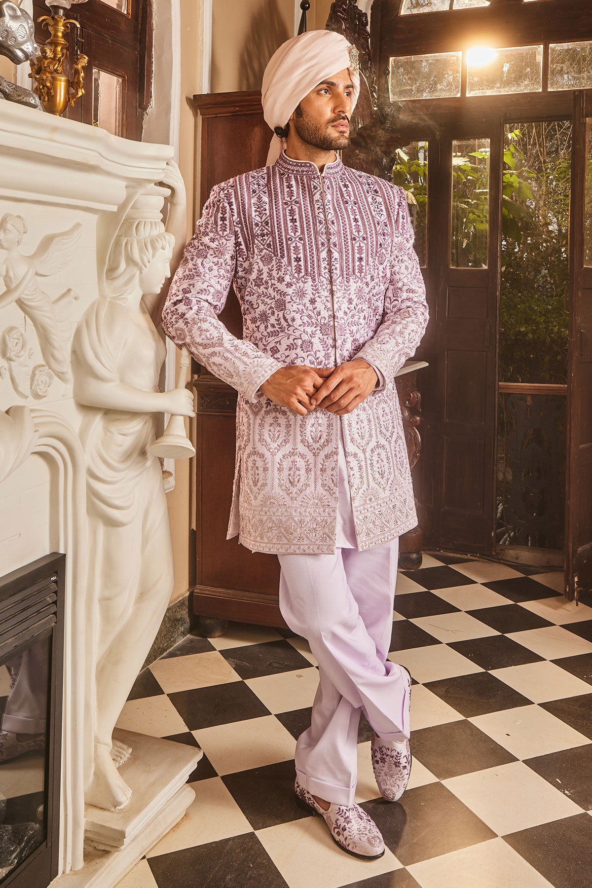 Lilac Ombre Chanderi Embroidered Sherwani