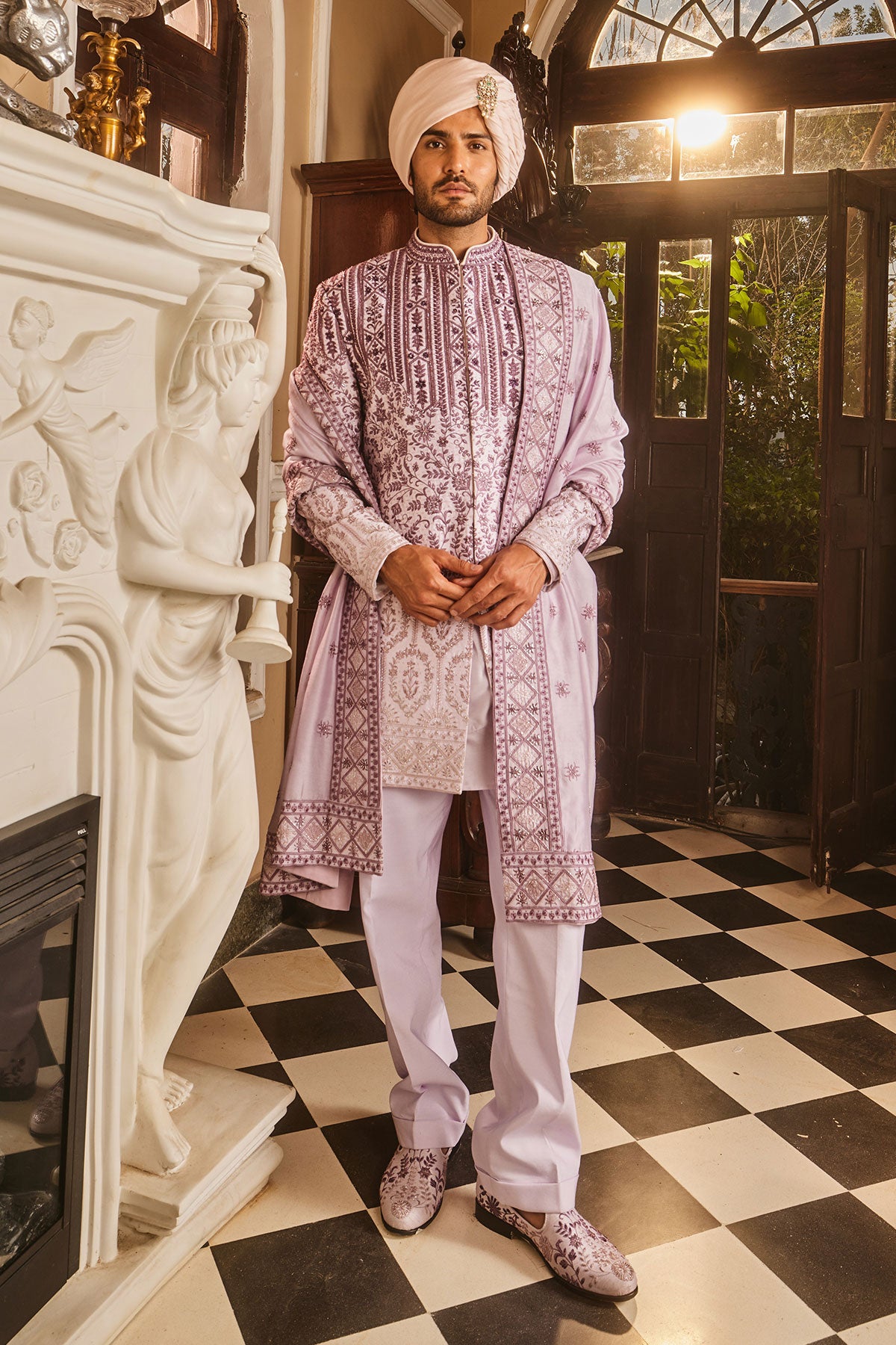 Lilac Ombre Chanderi Embroidered Sherwani