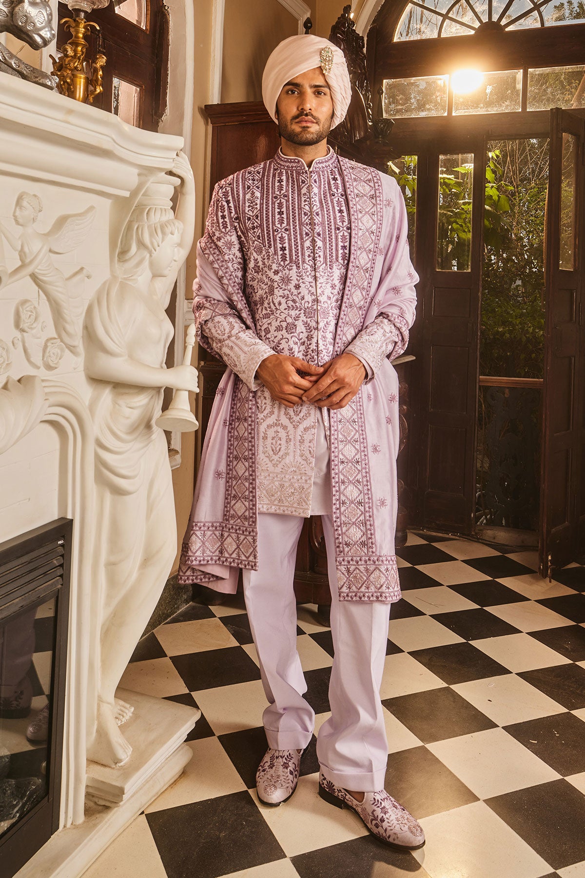 Lilac Ombre Chanderi Embroidered Sherwani