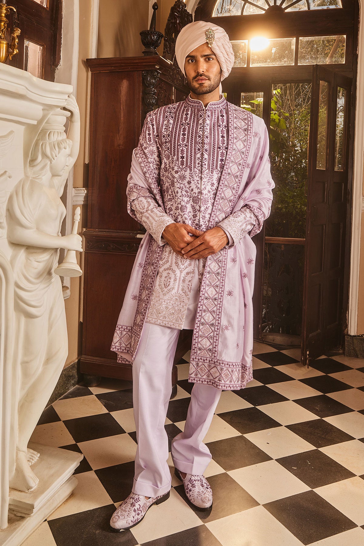 Lilac Ombre Chanderi Embroidered Sherwani