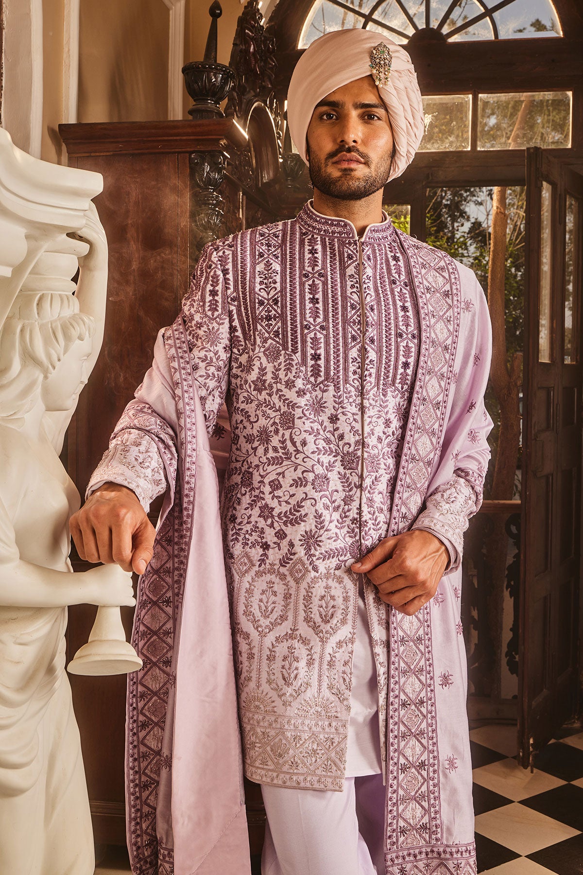 Lilac Ombre Chanderi Embroidered Sherwani