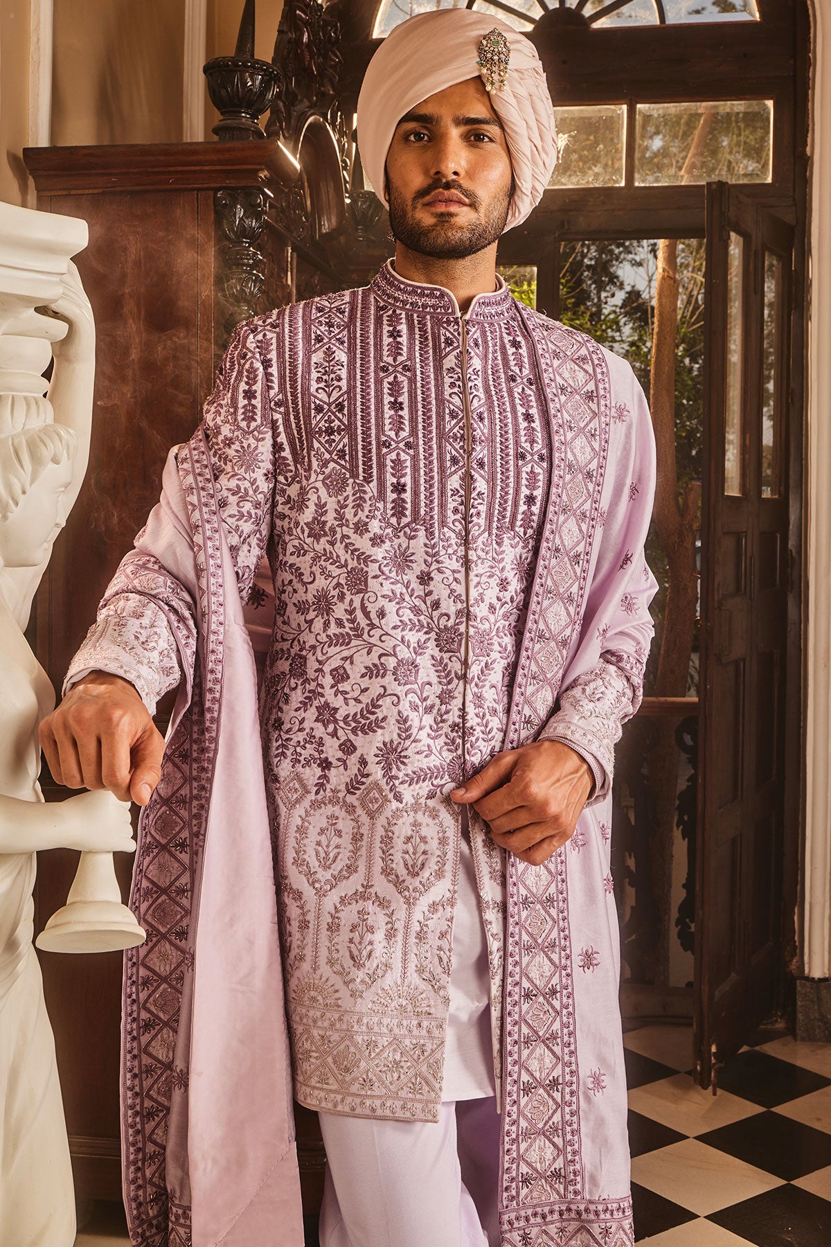 Lilac Ombre Chanderi Embroidered Sherwani