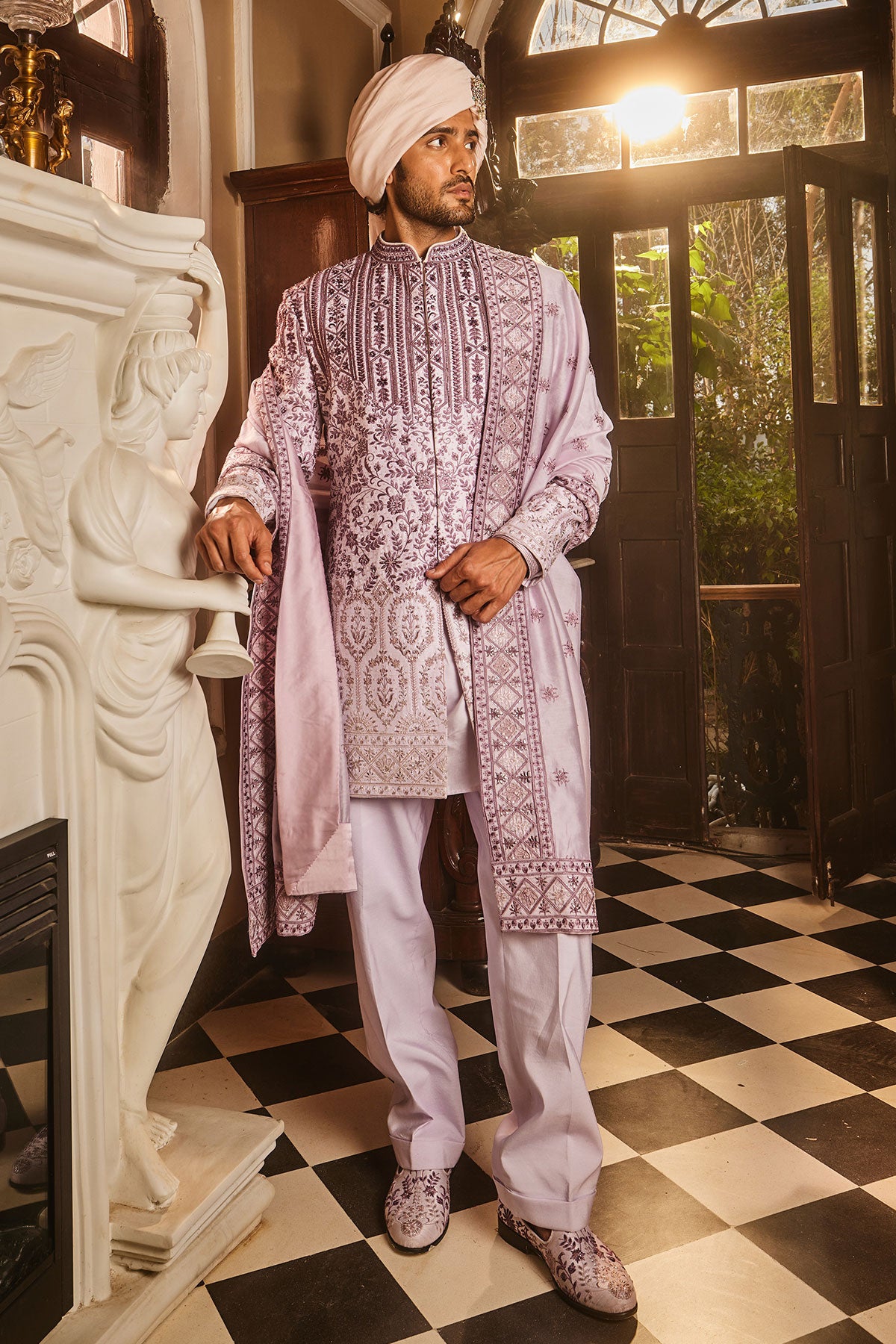 Lilac Ombre Chanderi Embroidered Sherwani